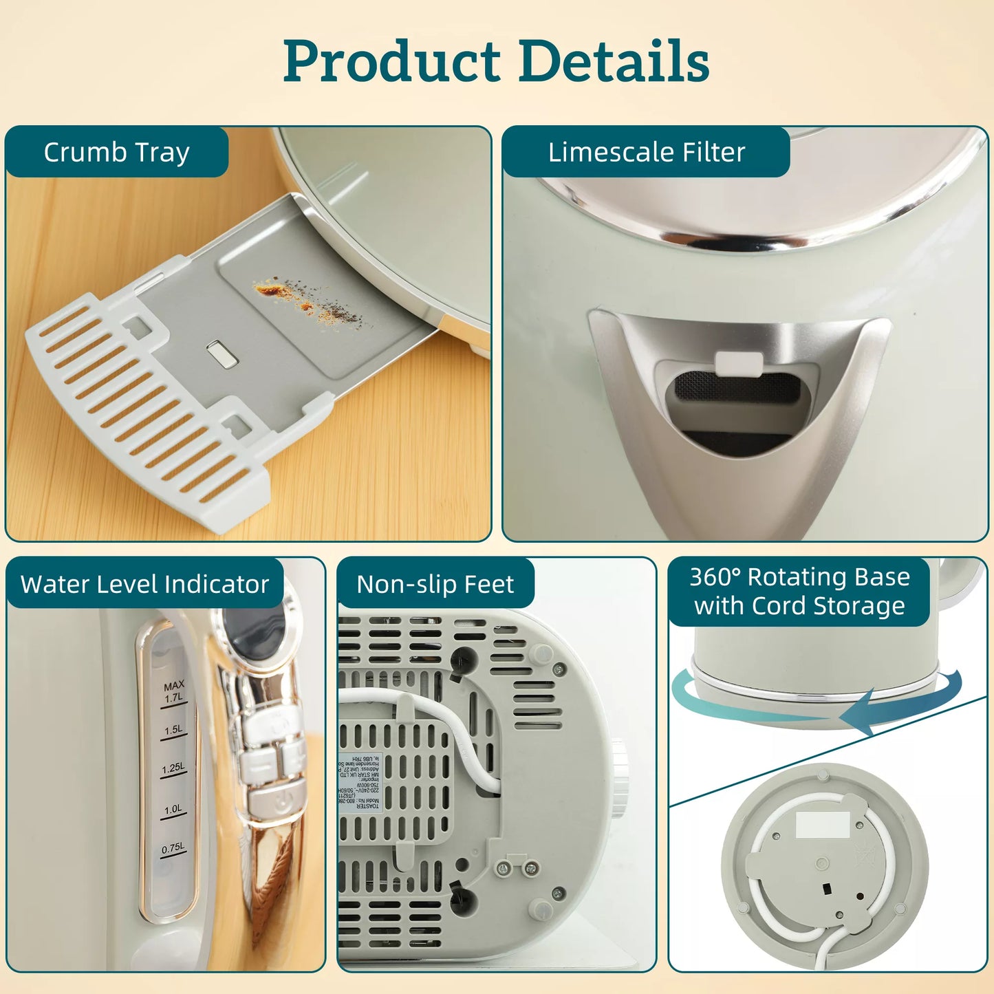 Virdulio ir skrudintuvų rinkinys, LED ekranas, 1,7 litro, 2200W, retro dizainas, atminties funkcija, pilka