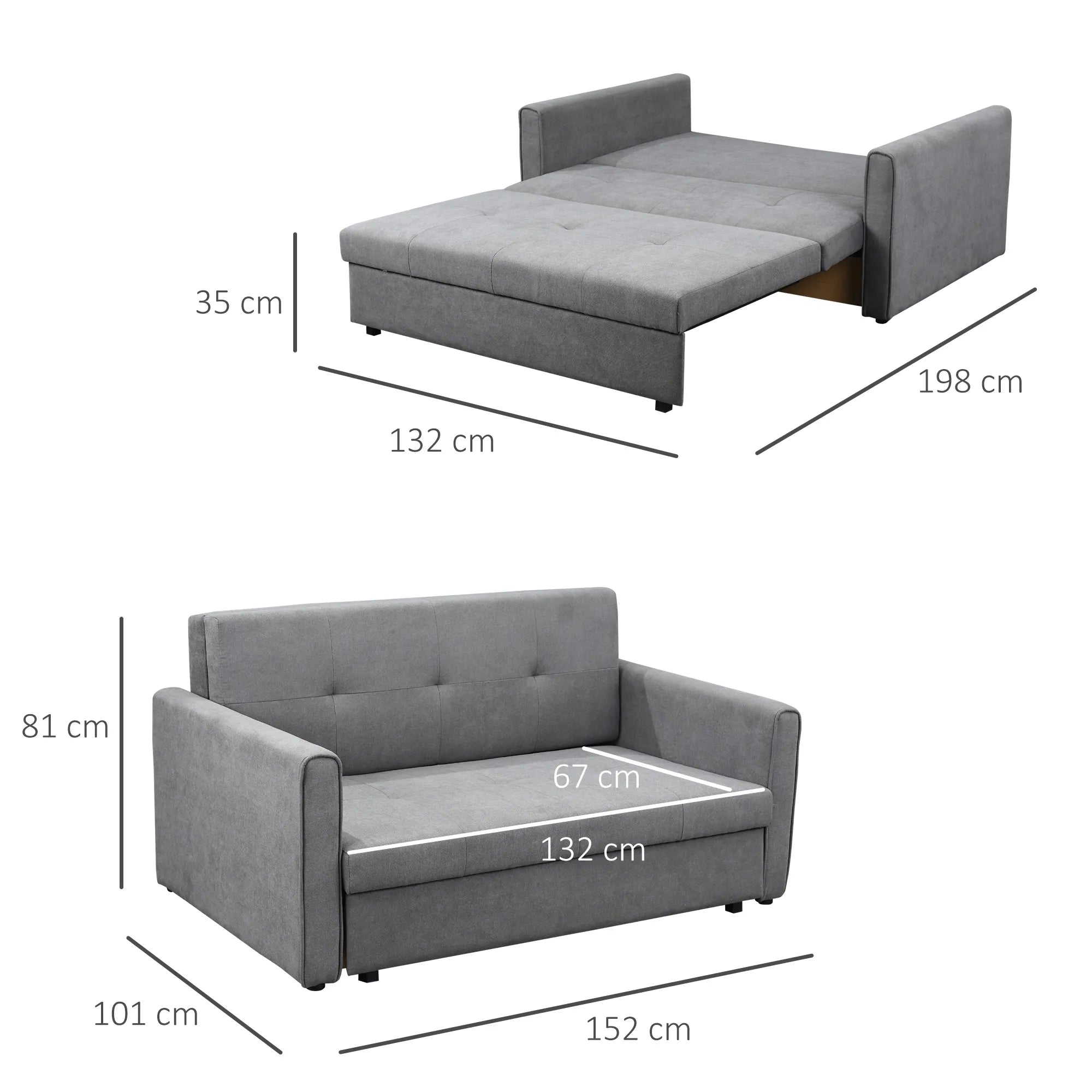 Miegamoji sofa, 2 vietų sofa, iki 200 kg, su paslėpta daiktadėže, polikotonas, pilka