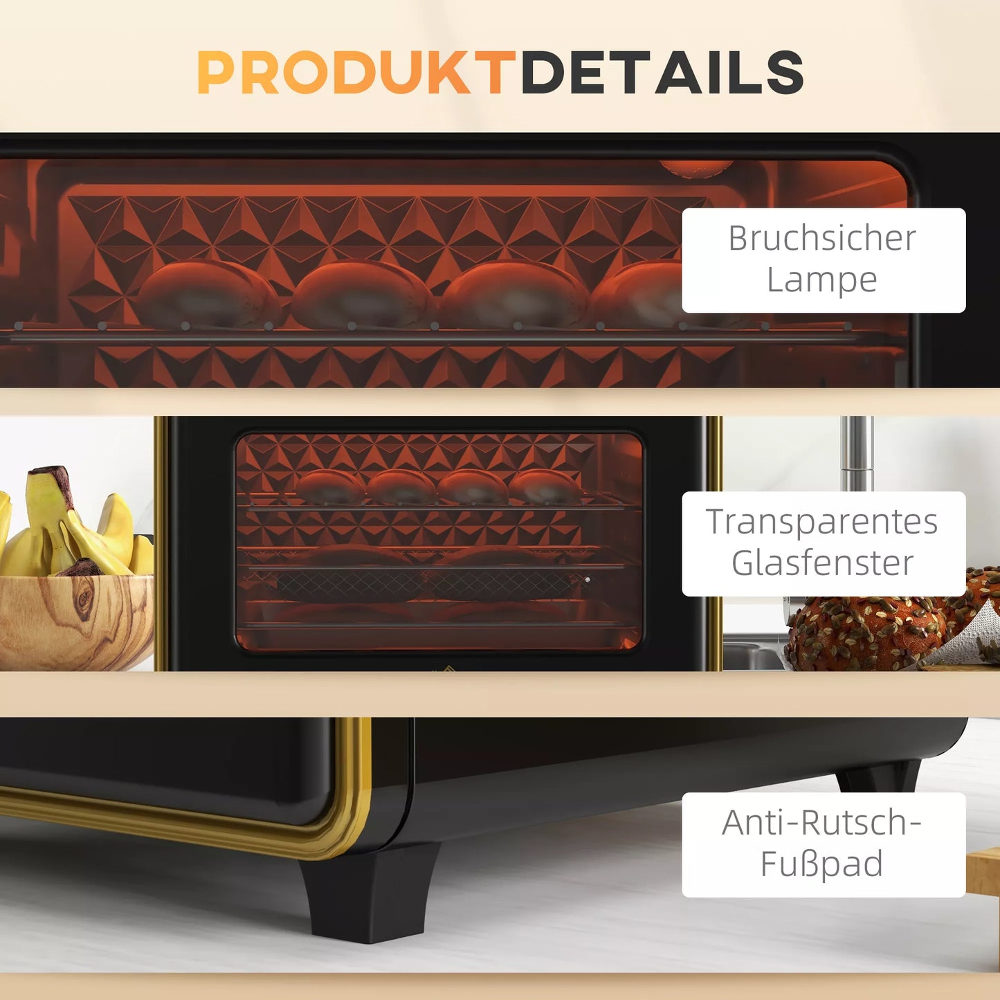 Mini-orkaitė, 20 litrų, gruzdinimas be aliejaus, grilis, kepimas, karšto oro cirkuliacija, 90-230° C, laikmatis, 1400W, juoda+auksinė
