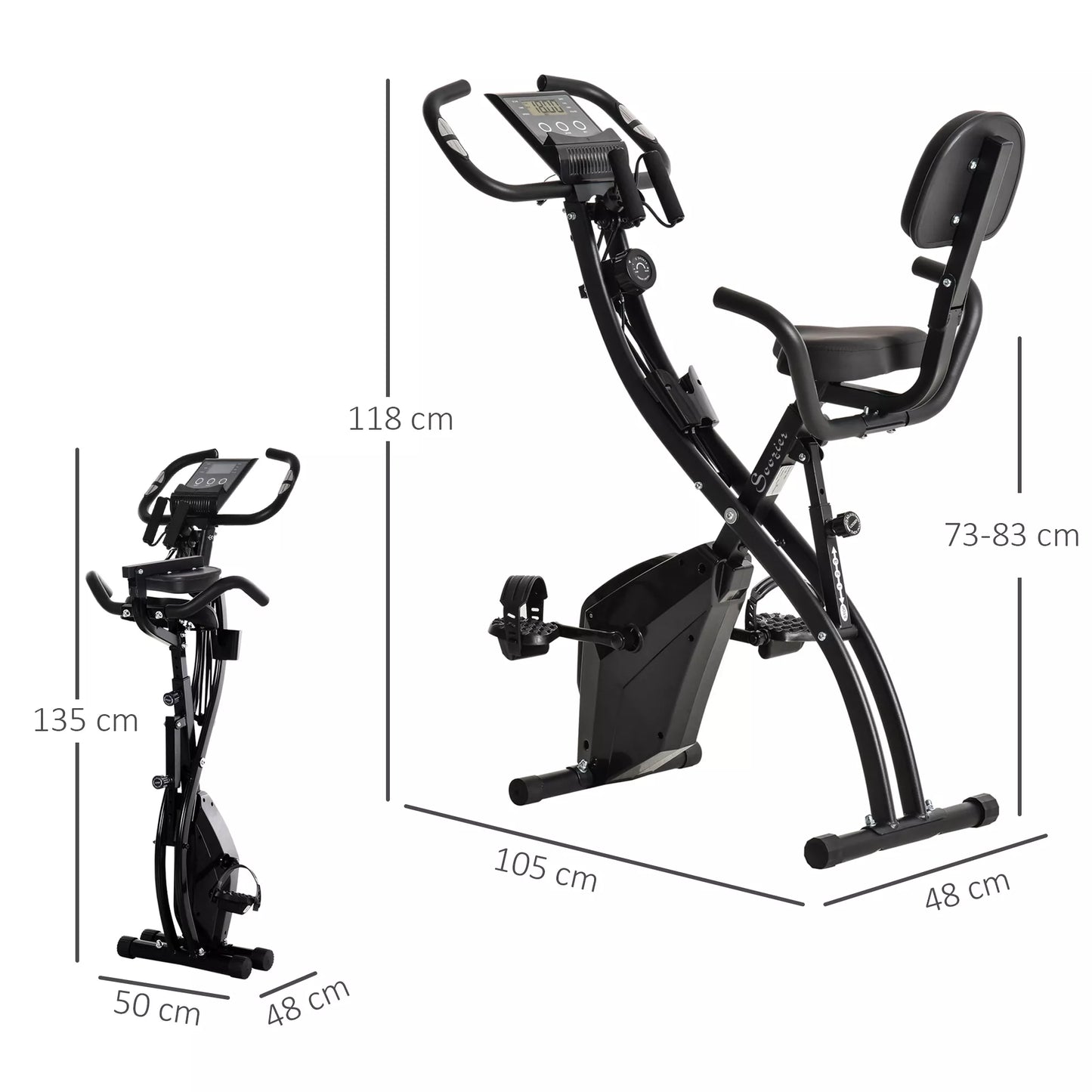 Namų treniruoklis X-Bike 2-in-1 dviračių treniruoklis su LCD ekranu, širdies ritmo monitoriumi, sulankstomas treniruoklis su 8 lygių magnetiniu pasipriešinimu, 1 pora tamprių diržų, plienas, juoda spalva, 105x48x118 cm