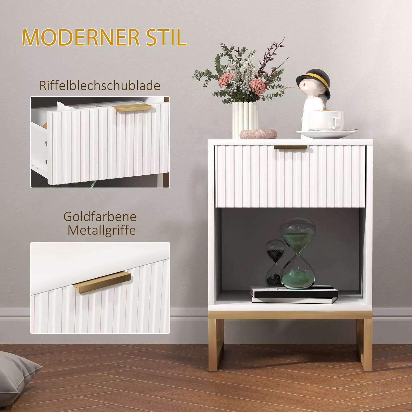 HOMCOM Naktinis staliukas su stalčiumi ir lentyna, sandėliavimui, su metalinėmis kojelėmis, miegamajam, svetainei, baltas