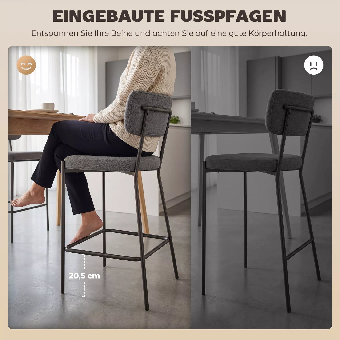 Baro kėdžių komplektas, minkštos baro kėdės su išlenktu atlošu, plienas ir tekstilė bei putų poliuretanas, 2 vnt., pilka