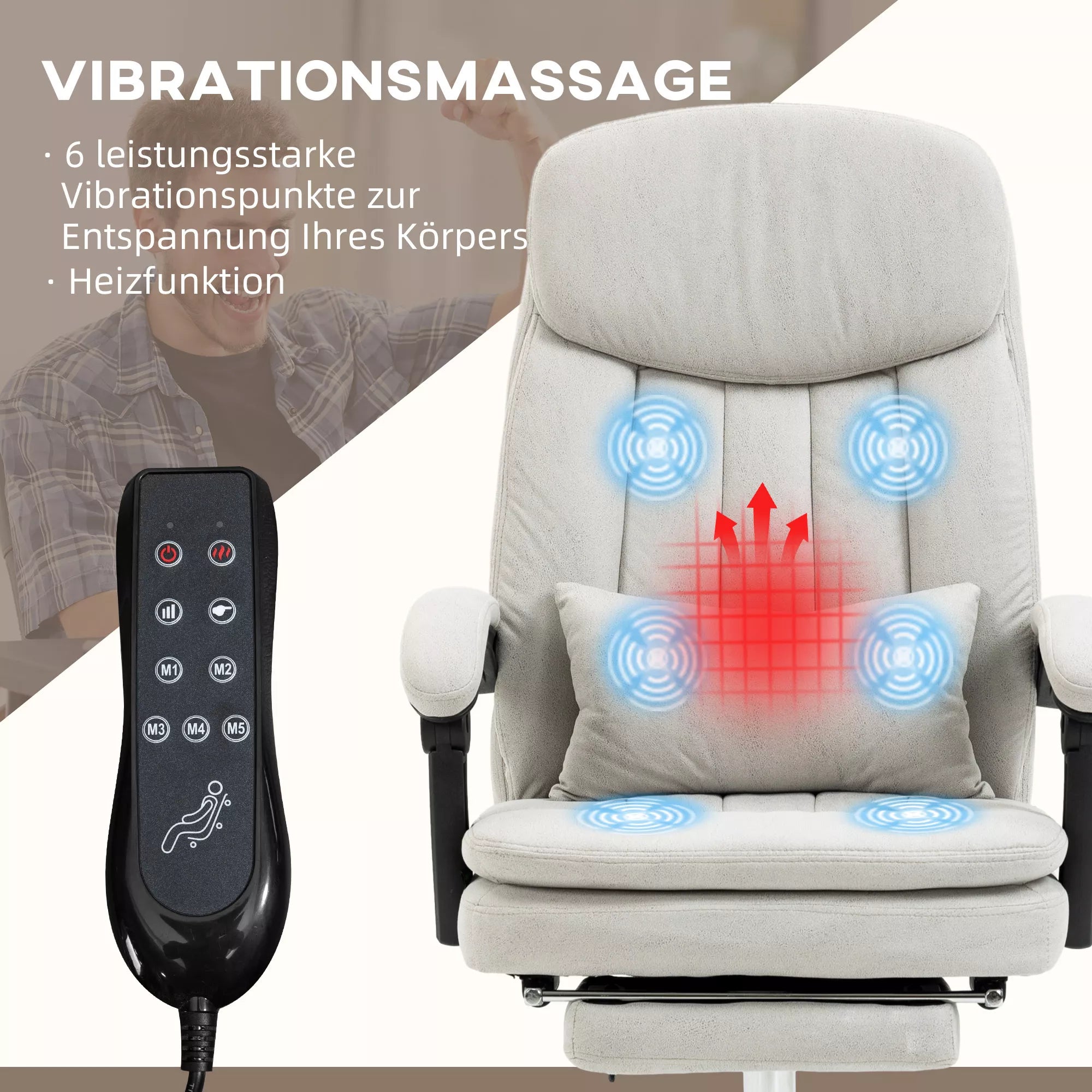 Biuro kėdė su masažo ir šildymo funkcija, ergonomiška, 66x67x110-118 cm, kreminė balta