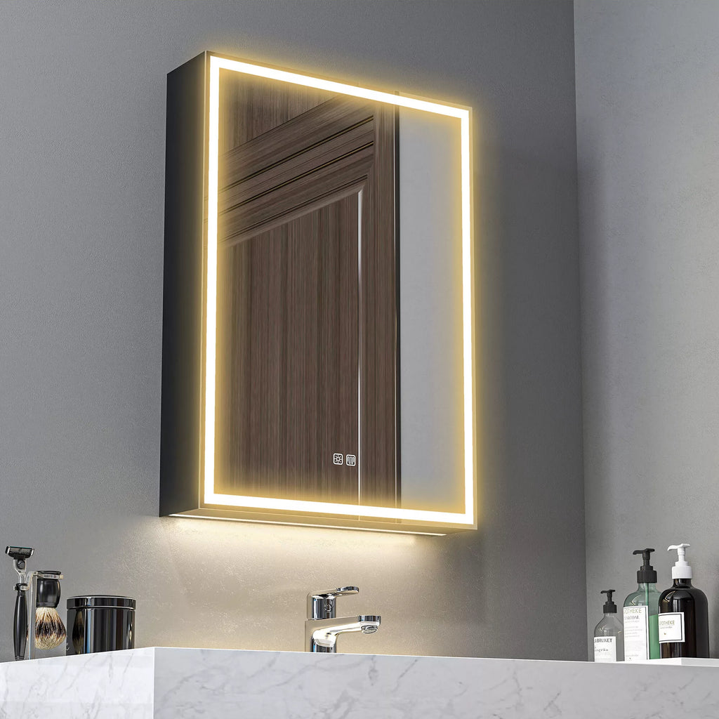 Veidrodinė spintelė, vonios spintelė su LED apšvietimu, 50 x 70 cm, reguliuojamas apšvietimas, apsauga nuo rasos, juoda