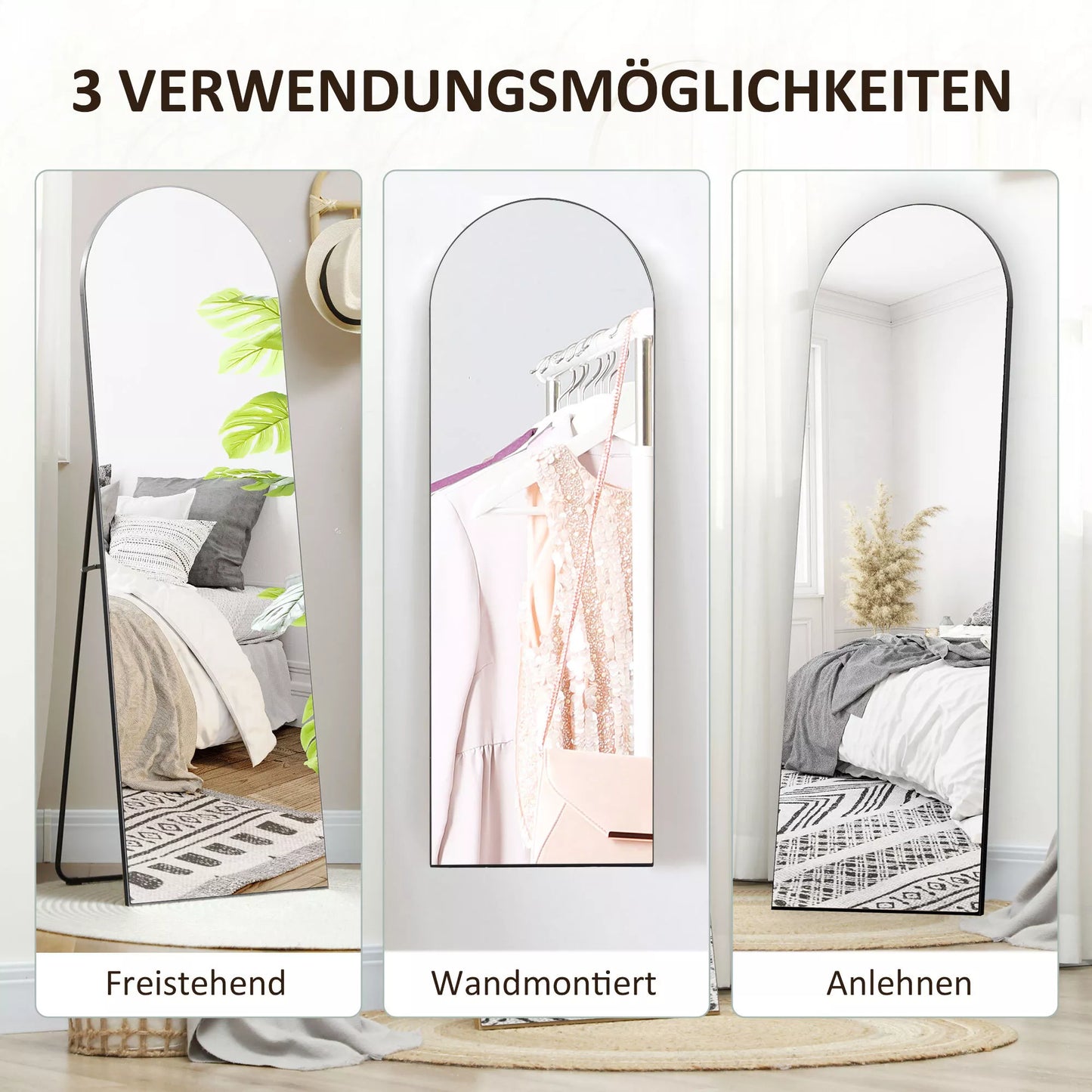 Viso kūno veidrodis, be rėmelio, laisvai pastatomas/tvirtinamas prie sienos, su metaliniu stovu, 50x150 cm, juodas