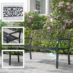 Metalinė sodo suolelė, gėlių dizainas, 2 vietų, 240 kg apkrova, plienas, 127L x 60B x 87H cm, juoda