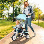 6-in-1 vaikų triratis su stumiamąja rankena, stogu, diržu, daiktų krepšeliu, skirtas 1–5 metų vaikams, žalias