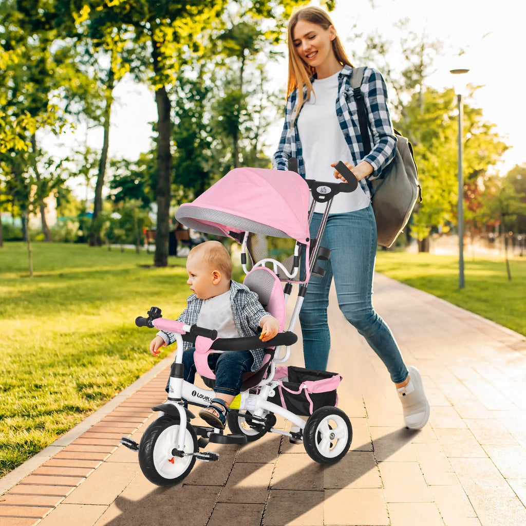 6-in-1 vaikų triratis su stumiamu strypu, stogu, diržu, daiktų krepšeliu, skirtas 1–5 metų vaikams, rožinis