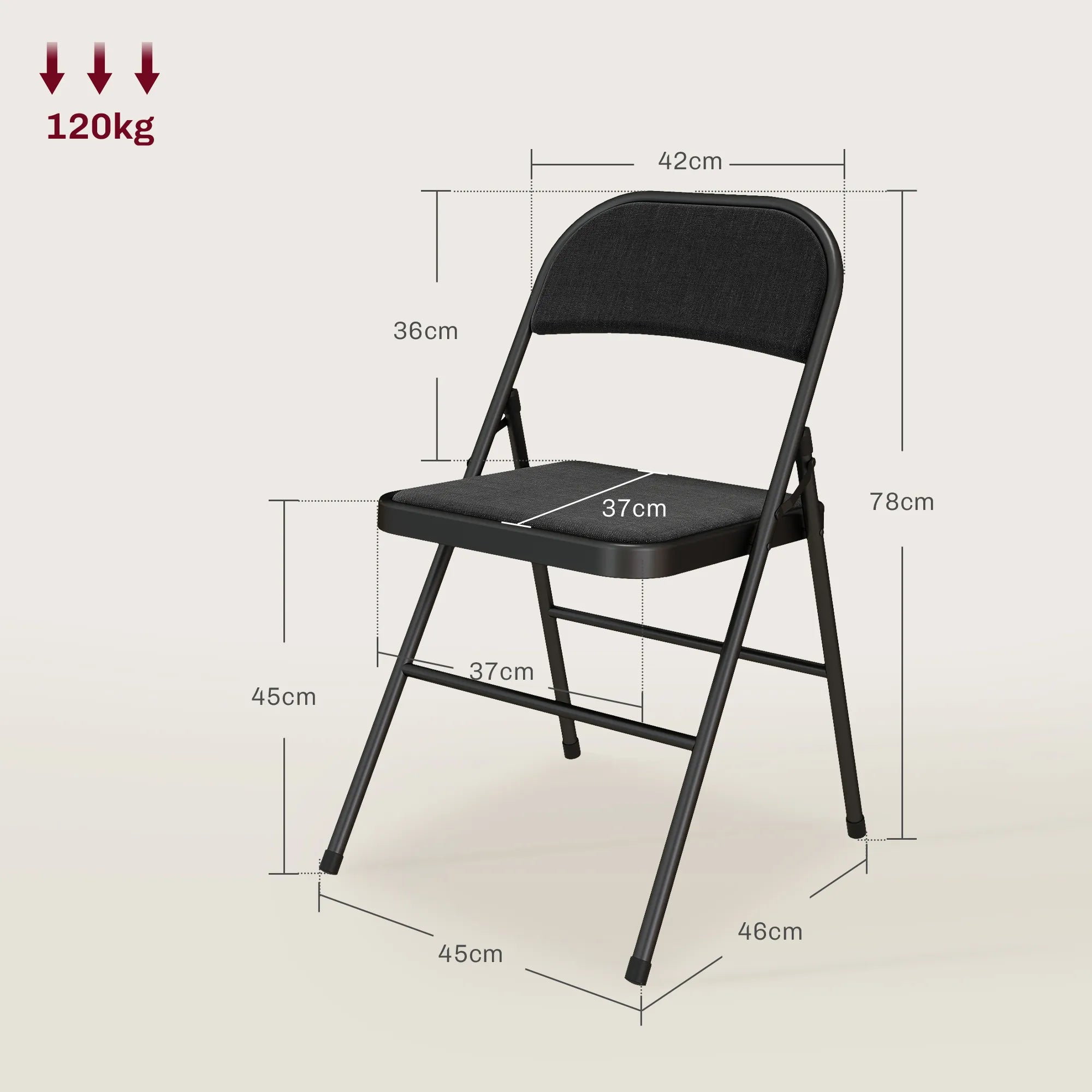 Techninė schema su kėdės matmenimis: aukštis 78 cm, sėdimosios dalies plotis 37 cm, apkrova iki 120 kg.