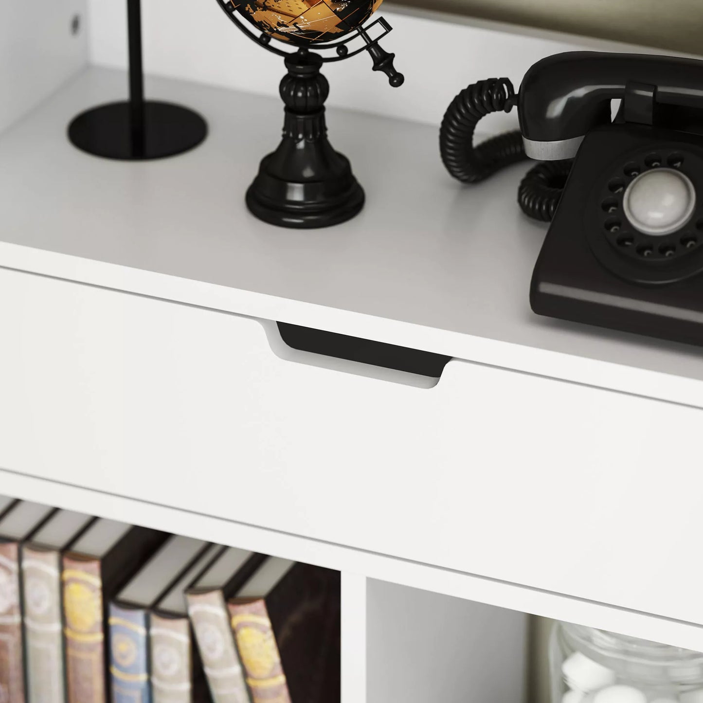 Knygų lentyna, daugiafunkcinė lentyna, 9 skyriai, stalčius, apsauga nuo apvirtimo, 60 x 26 x 158 cm, balta