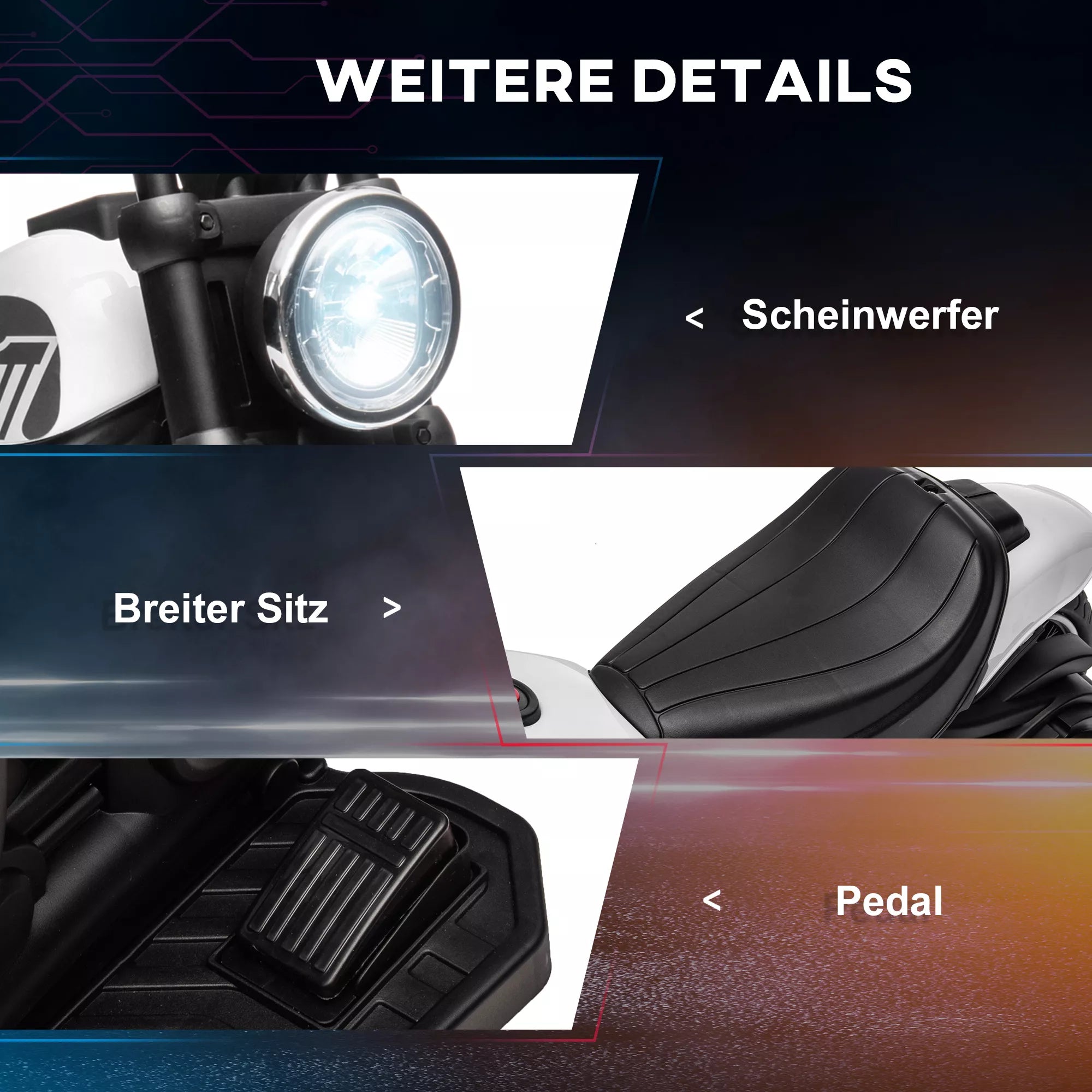 Motociklas su piktogramomis apie žibintą, sėdynę ir pedalą