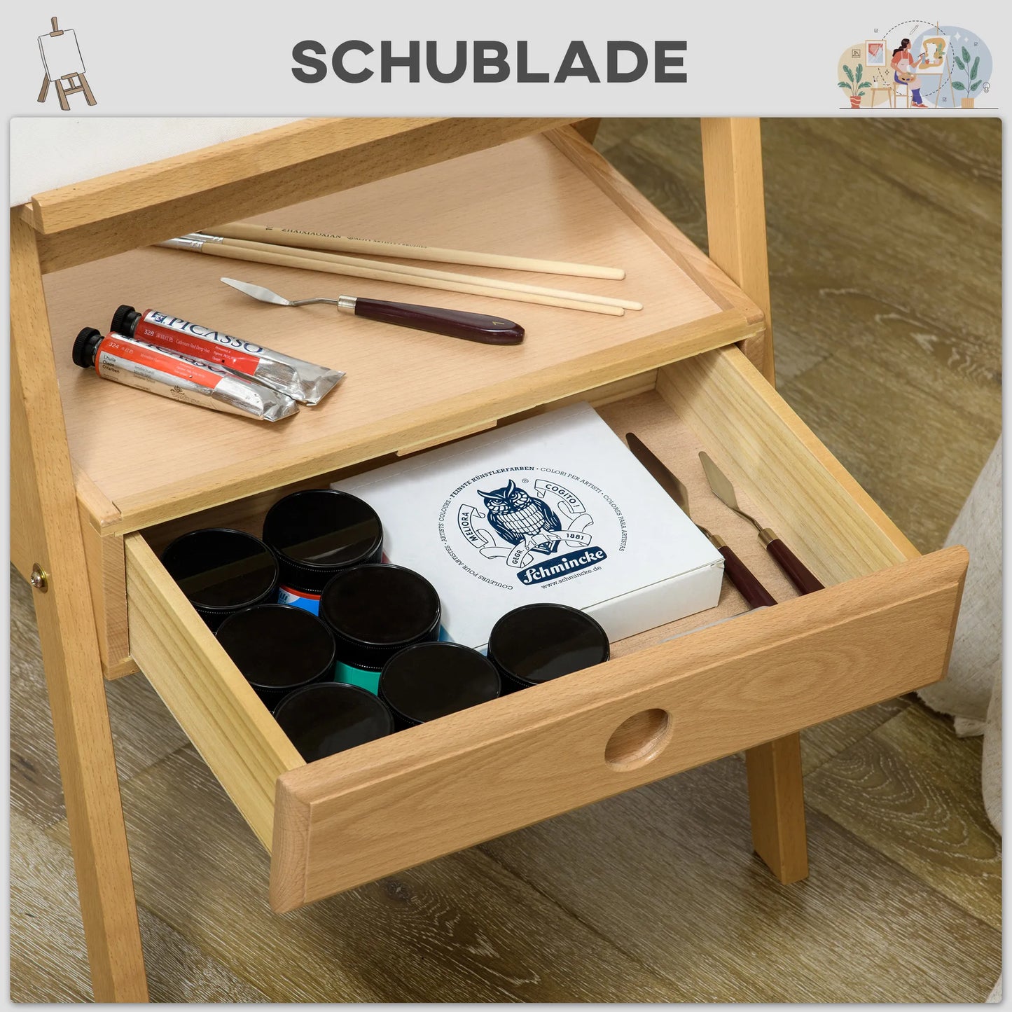 Dailininko molbertas, aukščio reguliavimo, su 1 stalčiumi, natūralus + juodas