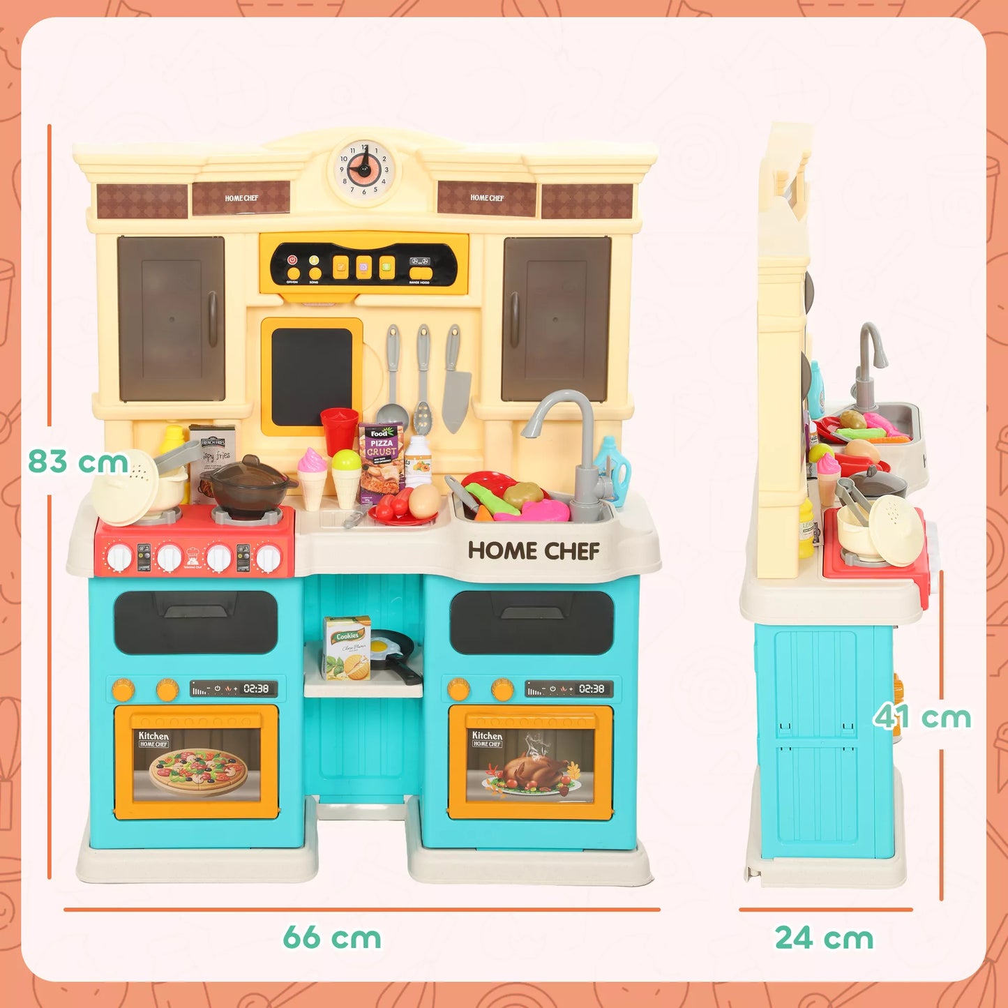 Žaislinė virtuvėlė su tekančiu vandeniu, 85 priedai, elektrinis maišytuvas, šviesos, garsai, vaikams nuo 3-6 metų, plastikas, žalia