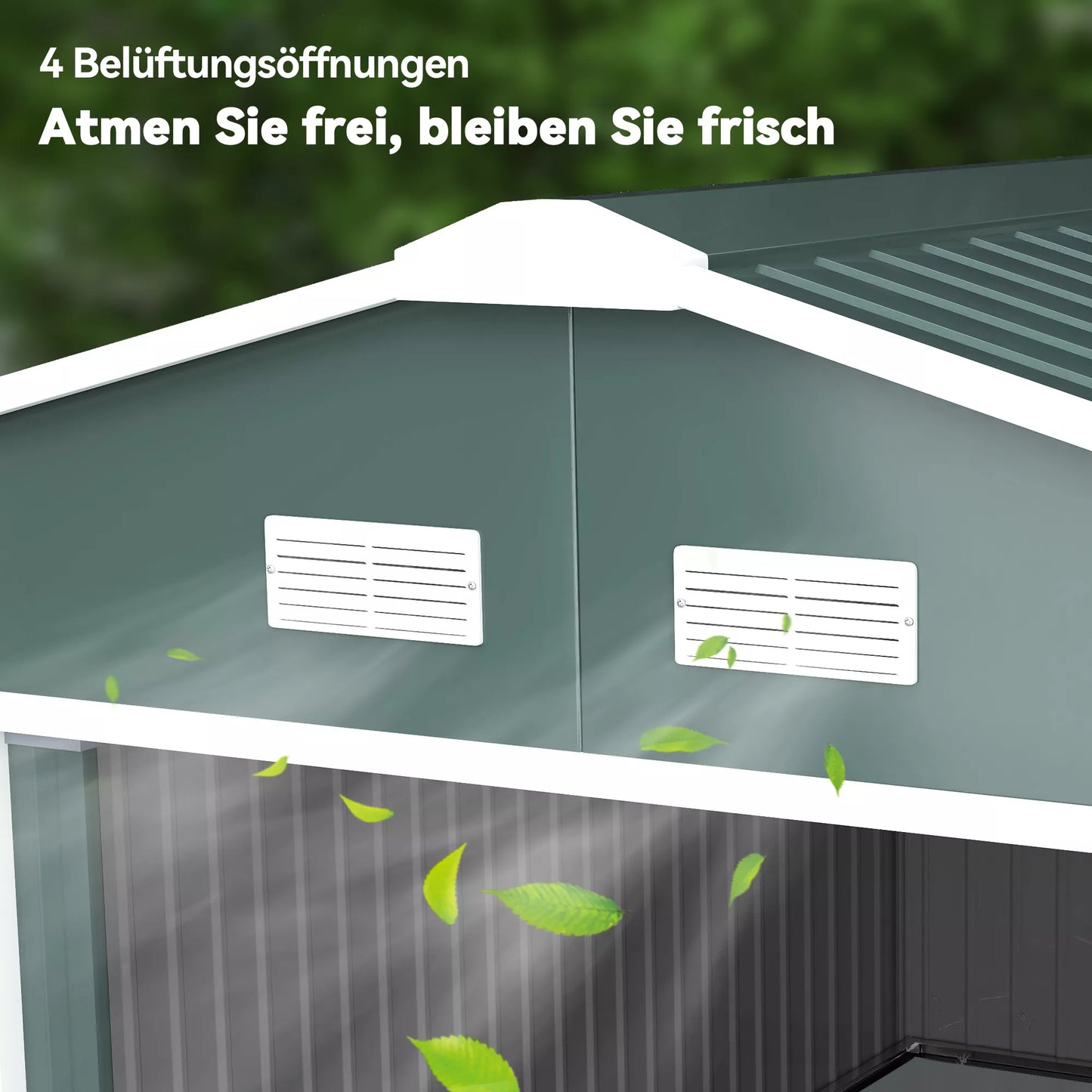 Sodo namelis įrankiams, atsparus oro sąlygoms, su vėdinimo langais, stumdomomis durimis, plieninis, tamsiai žalias