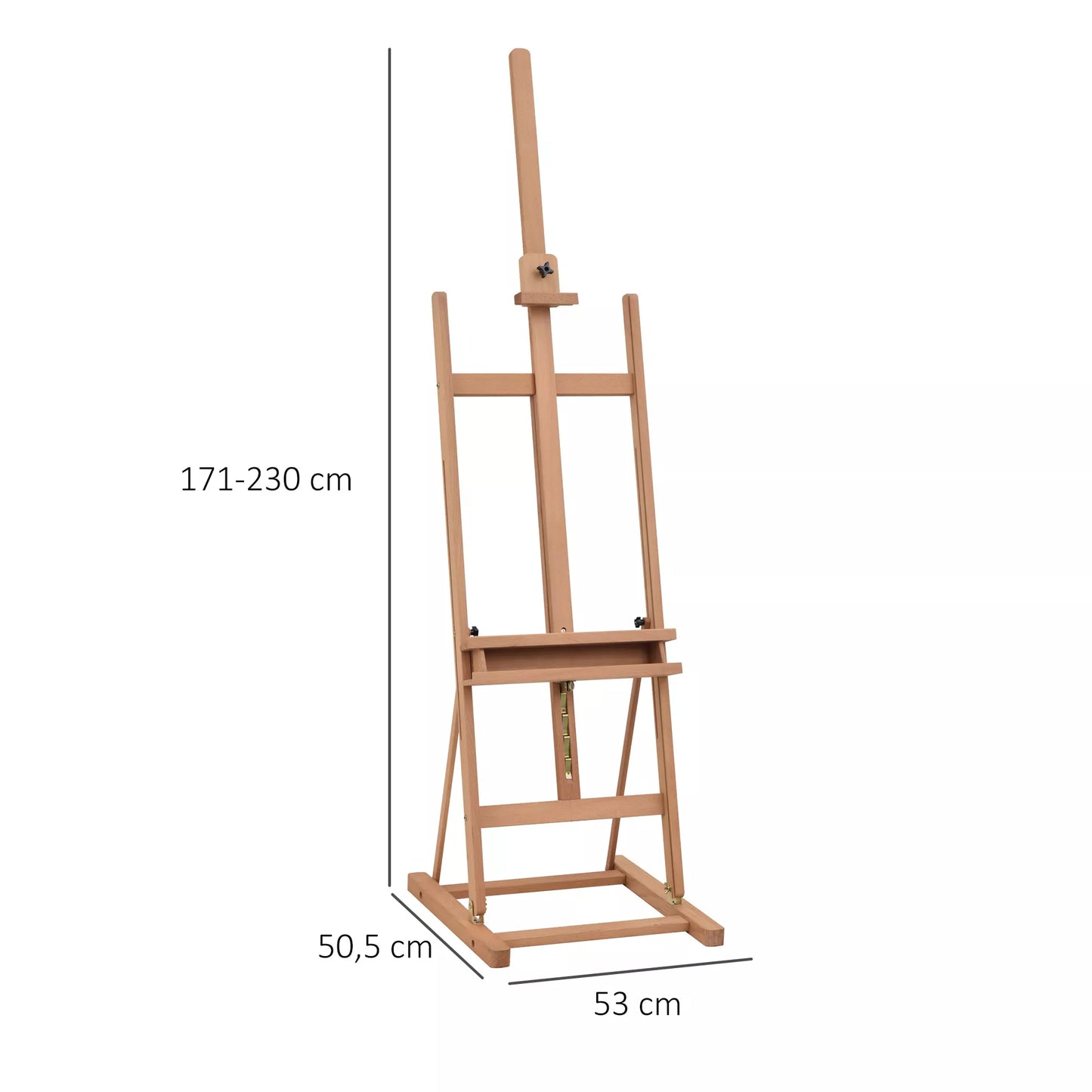 Studijos tipo dailės molbertas, reguliuojamas aukštis ir kampas, su laikymo lentyna, natūralaus buko medienos, 53 x 50,5 x 171-230 cm