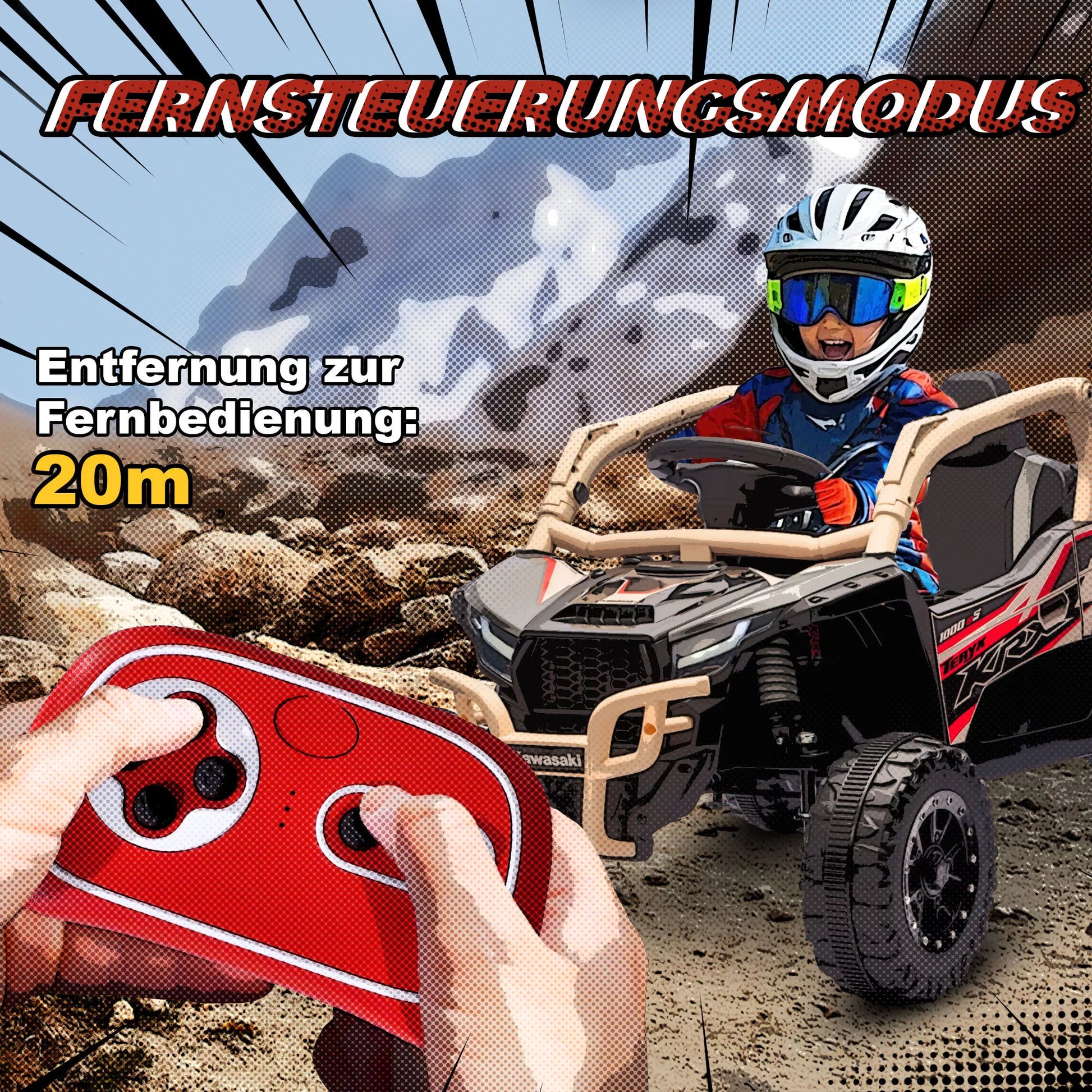 12V elektrinis visureigis vaikams su nuotolinio valdymo pultu, LED žibintais, muzika, garsiniu signalu, skirtas 3-8 metų vaikams, geltonos spalvos