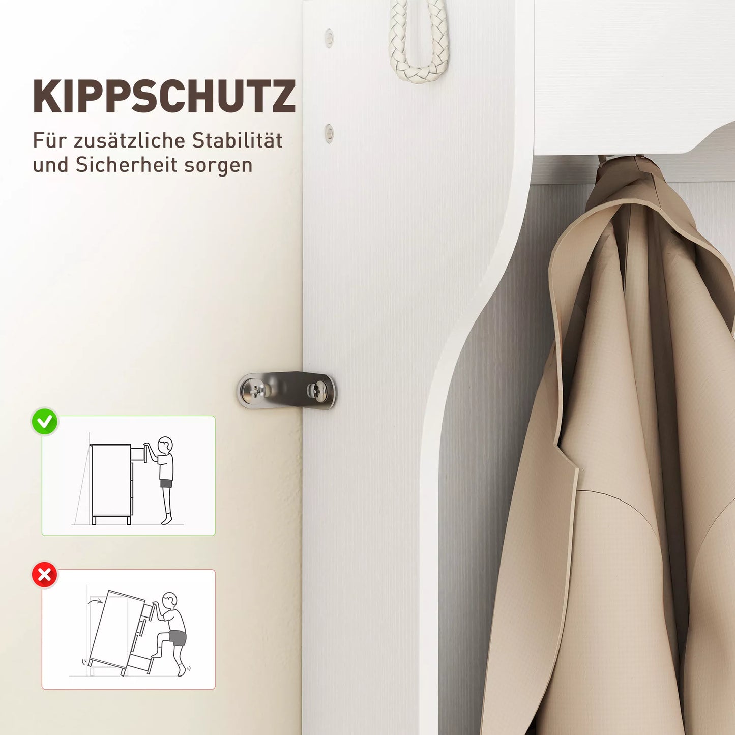 Drabužinė su lentyna, suolu, kabliukais, batų skyriais, medžio drožlių plokštėmis, MDF, balta