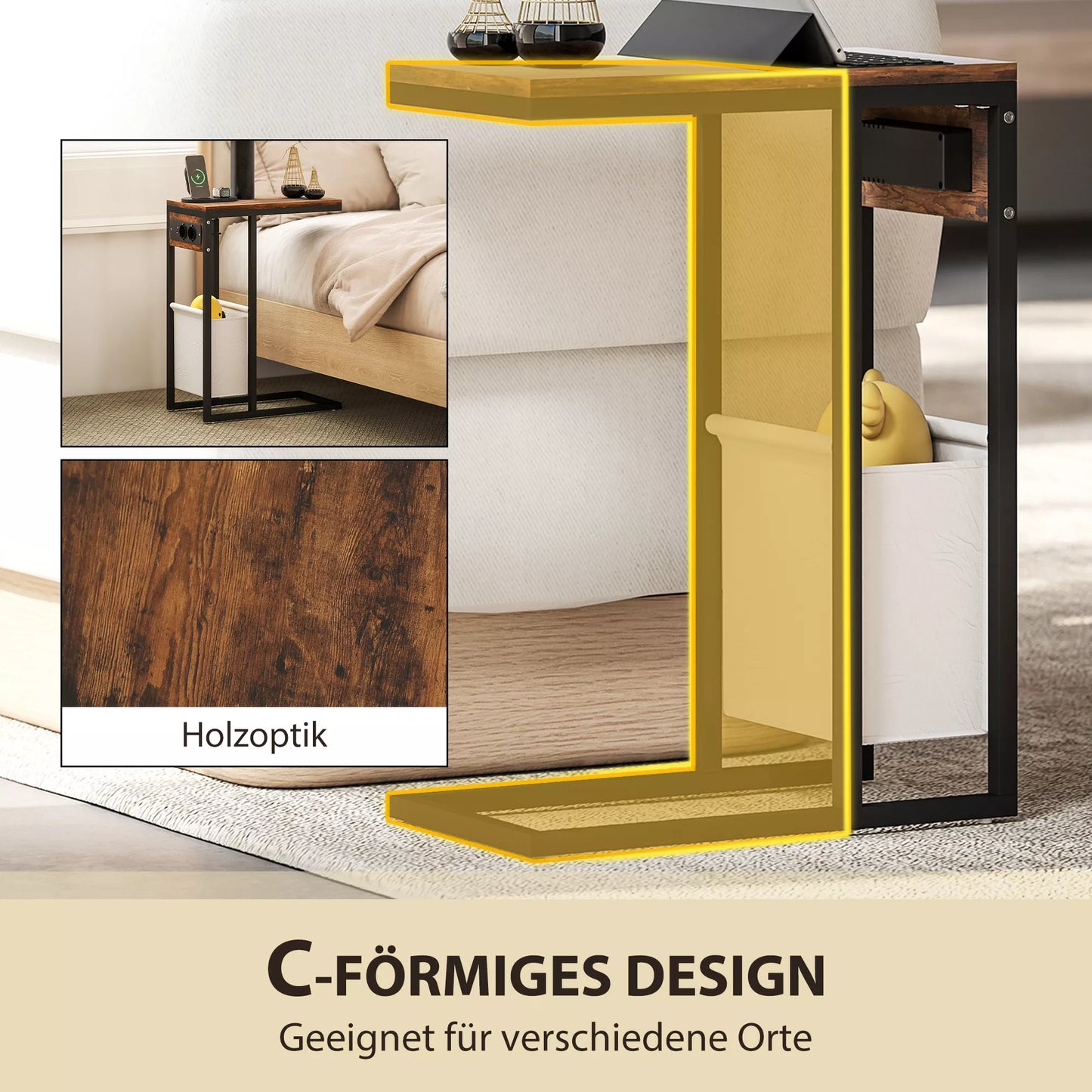 Pastatomas staliukas su elektros lizdais, USB jungtimis, kabeliu, C formos dizainas