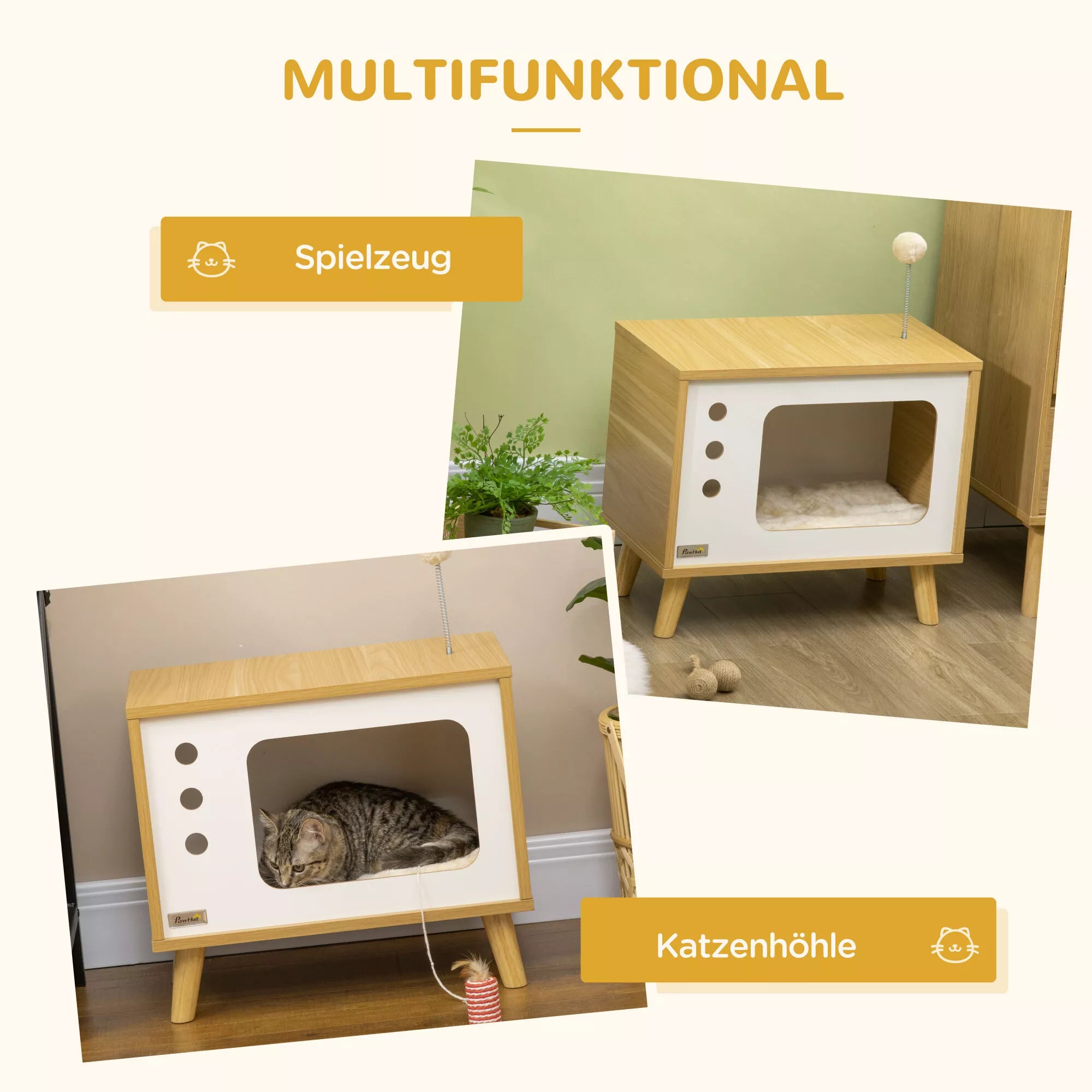 Katės urvas TV dizaino, su žaislu, plaunama pagalvėle, 50 cm x 28 cm x 43 cm, ąžuolas + smėlio spalva + balta