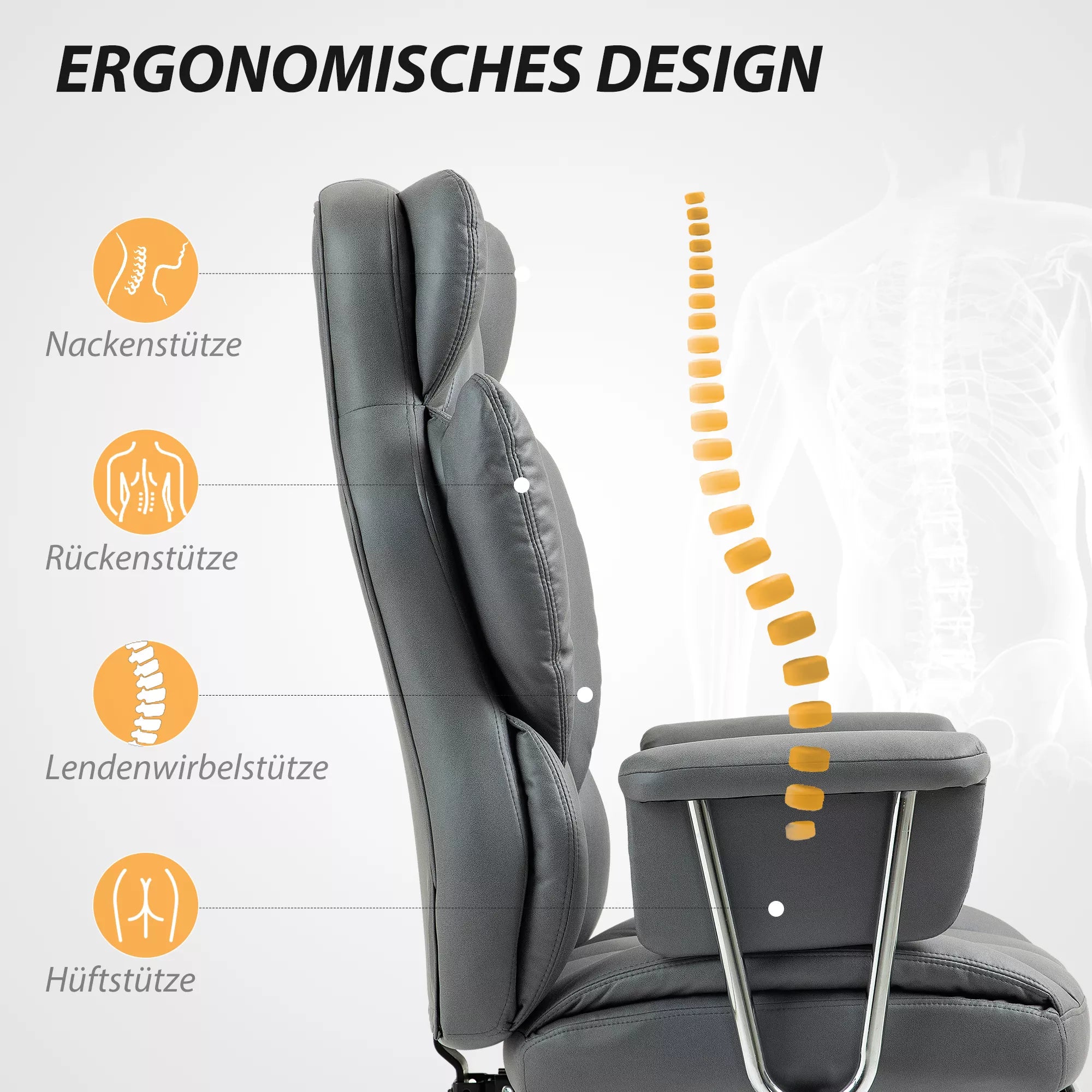 Informacinė grafika apie ergonomišką kėdės atramą nugarai