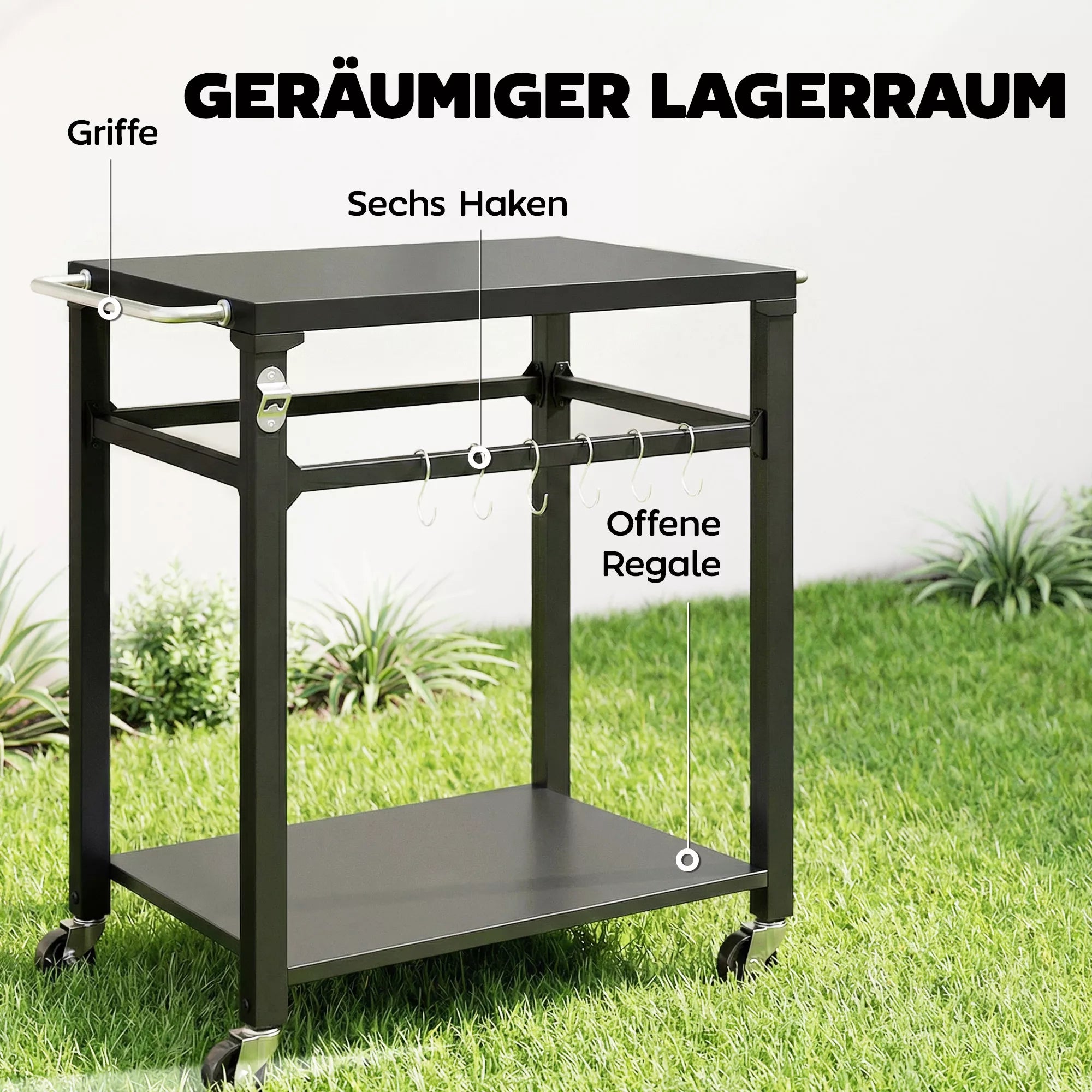 Lauko grilio vežimėlis, picų krosnelė su metaliniu paviršiumi, 2 pakopų virtuvės stotis su kabliais ir rankena, juodos spalvos