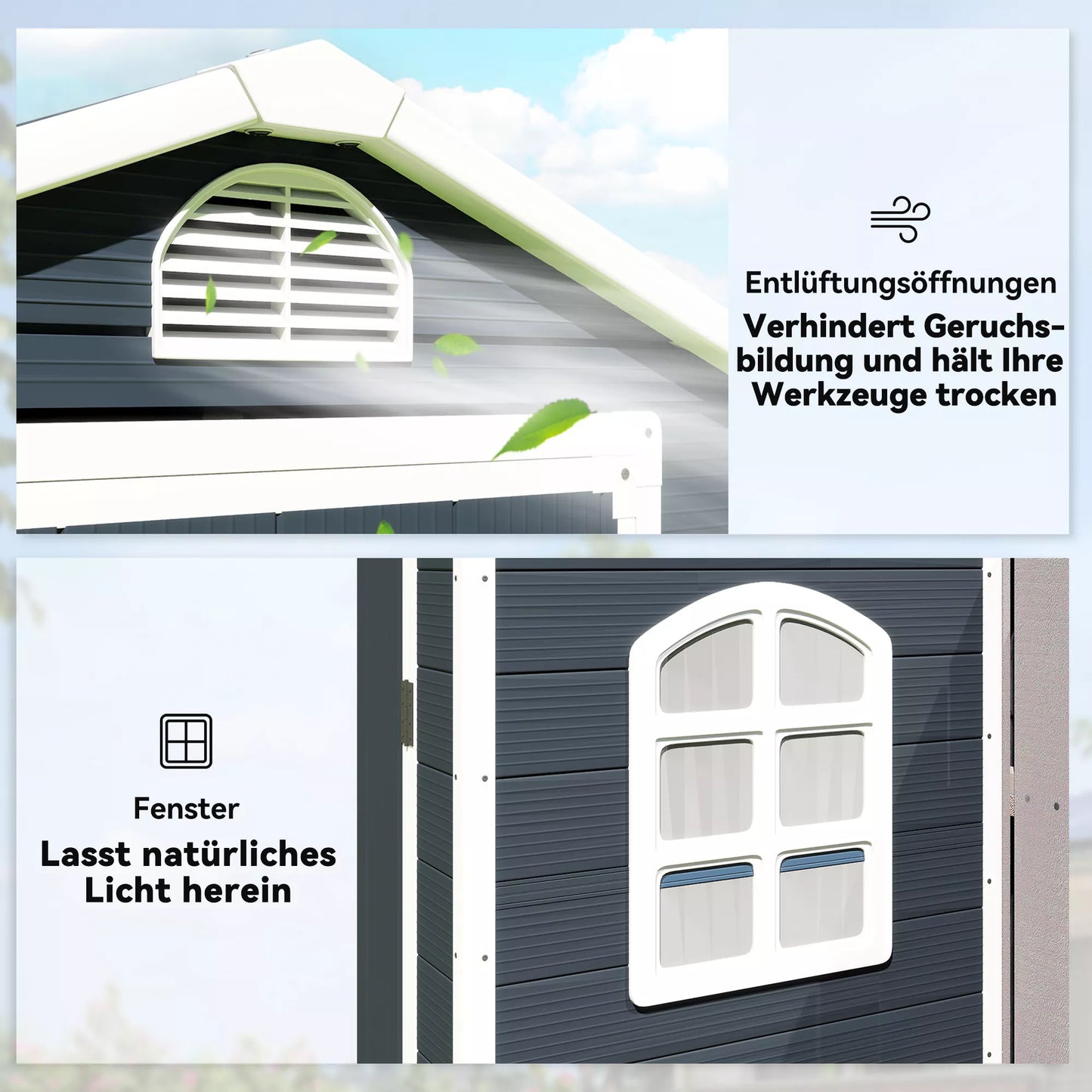 Plastikinis sodo namelis 1,9m² 134x104x204cm Įrankių namelis su dvišlaitiu stogu Durys atsparios oro sąlygoms Lauko sodo namelis Šešėlis Spinta kiemo lauko zonai Tamsiai pilka