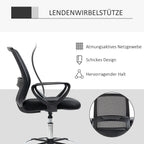 Infografika: juoda tinklinit biuro kėdė su nugarėlės, sėdynės ir tinklelio funkcijomis