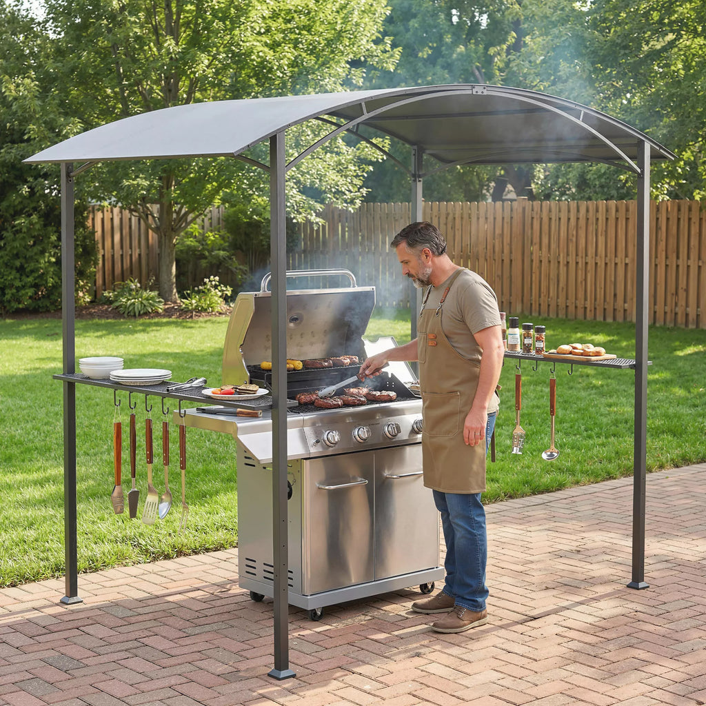 Grill paviljonas 2,4 x 1,5 m, ugniai atsparus sodo paviljonas su arkiniu stogu, šoninėmis lentynomis, kabliais, tamsiai pilkos spalvos