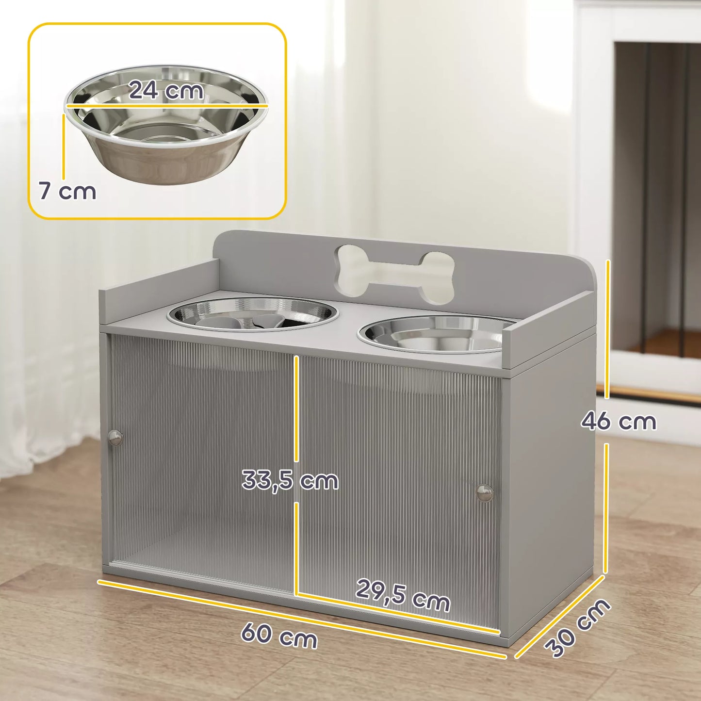 Pakelta pašarų stotelė su 2 dubenėliais ir spintele, MDF, nerūdijantis plienas, kaulų raštas, pilka