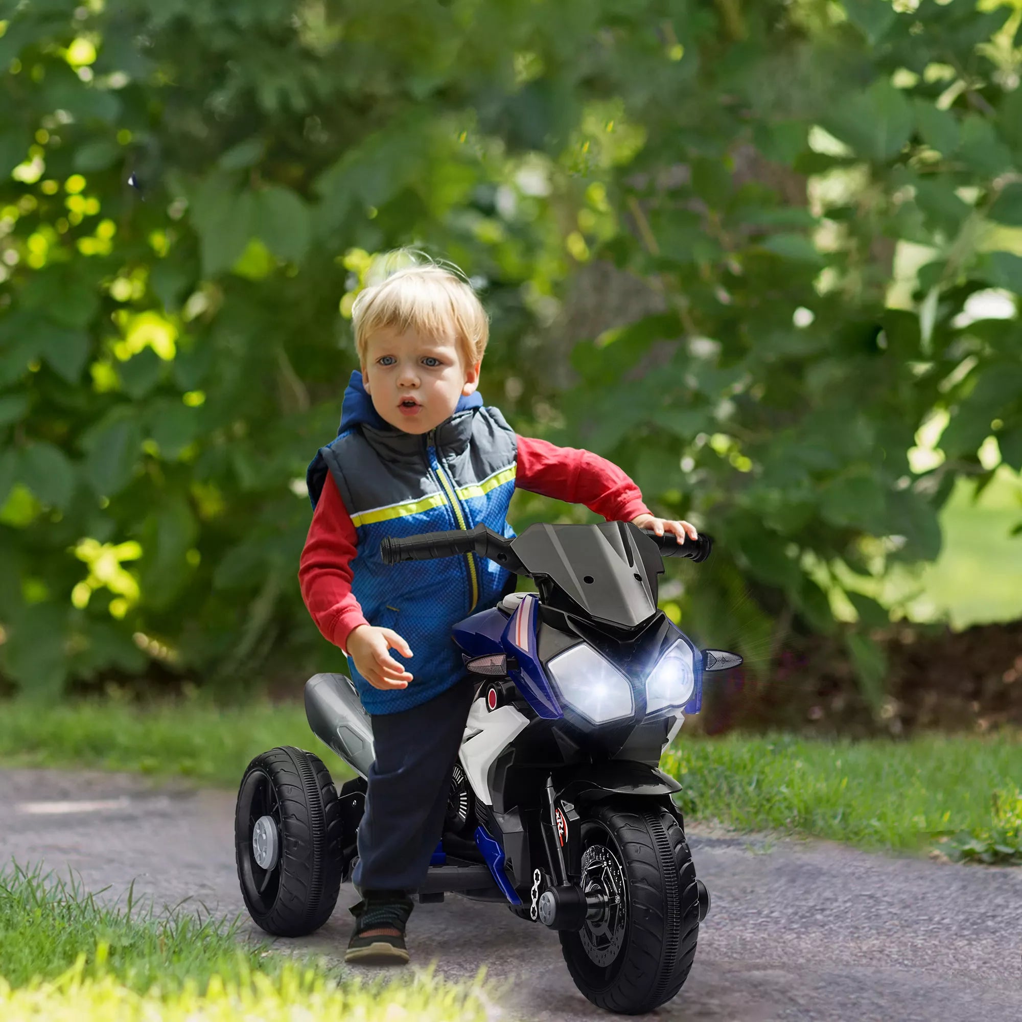 Elektrinis vaikų motociklas, šviesos ir garsai, 3 km/h, įkraunamas, plastikas ir metalas, mėlynas/baltas