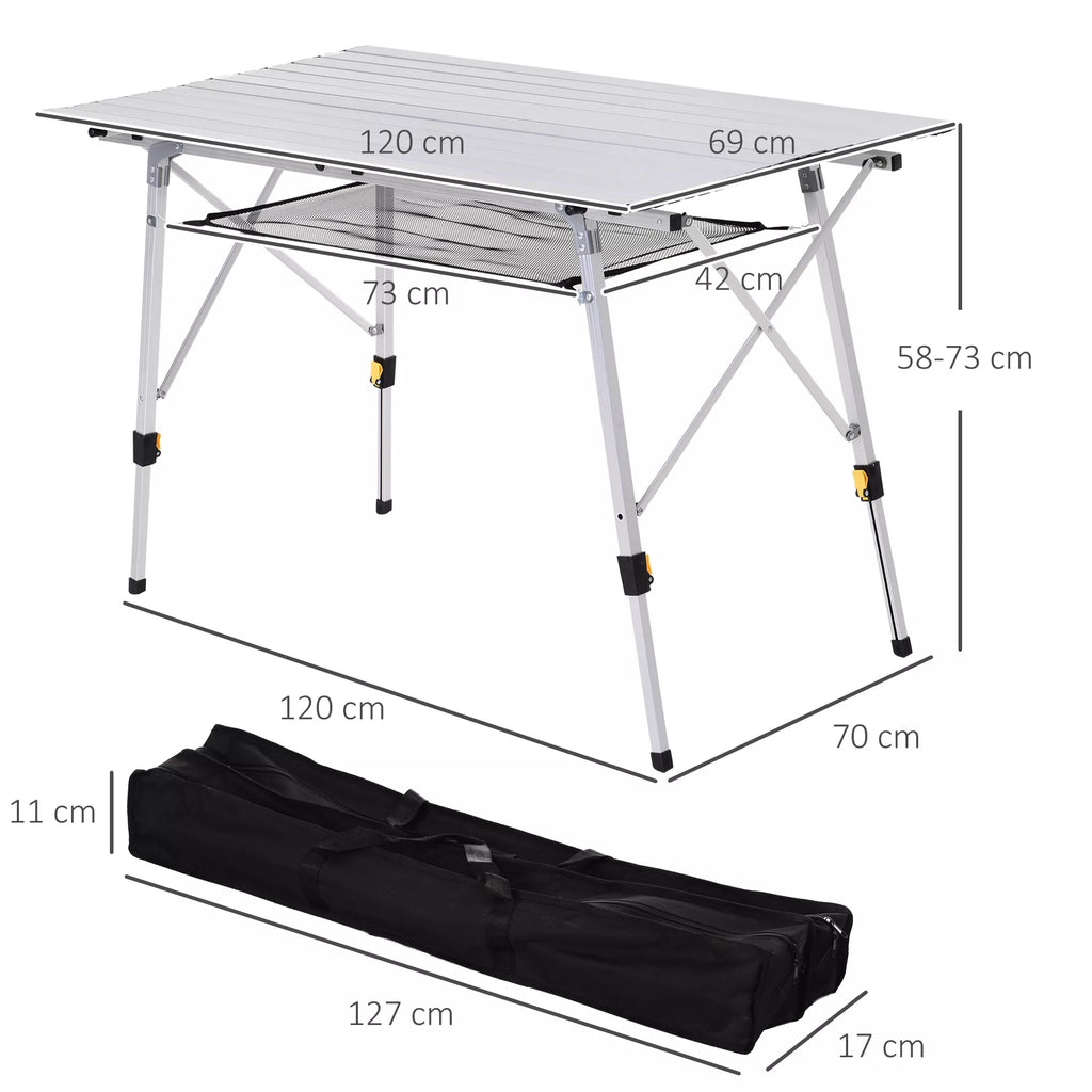 Pikniko sulankstomas stalas, sulankstomas stalas, aukščio reguliuojamas kempingo stalas, su nešimo krepšiu, aliuminis, sidabrinis, 120 x 69 x 59–78 cm