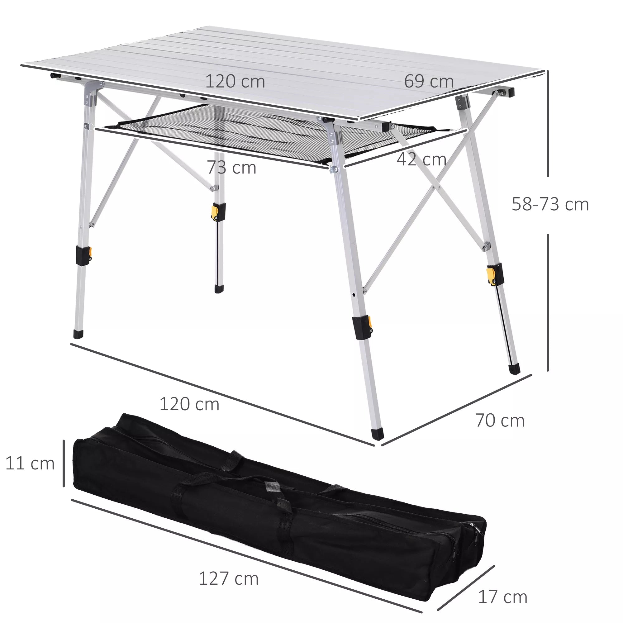Pikniko sulankstomas stalas, sulankstomas stalas, aukščio reguliuojamas kempingo stalas, su nešimo krepšiu, aliuminis, sidabrinis, 120 x 69 x 59–78 cm