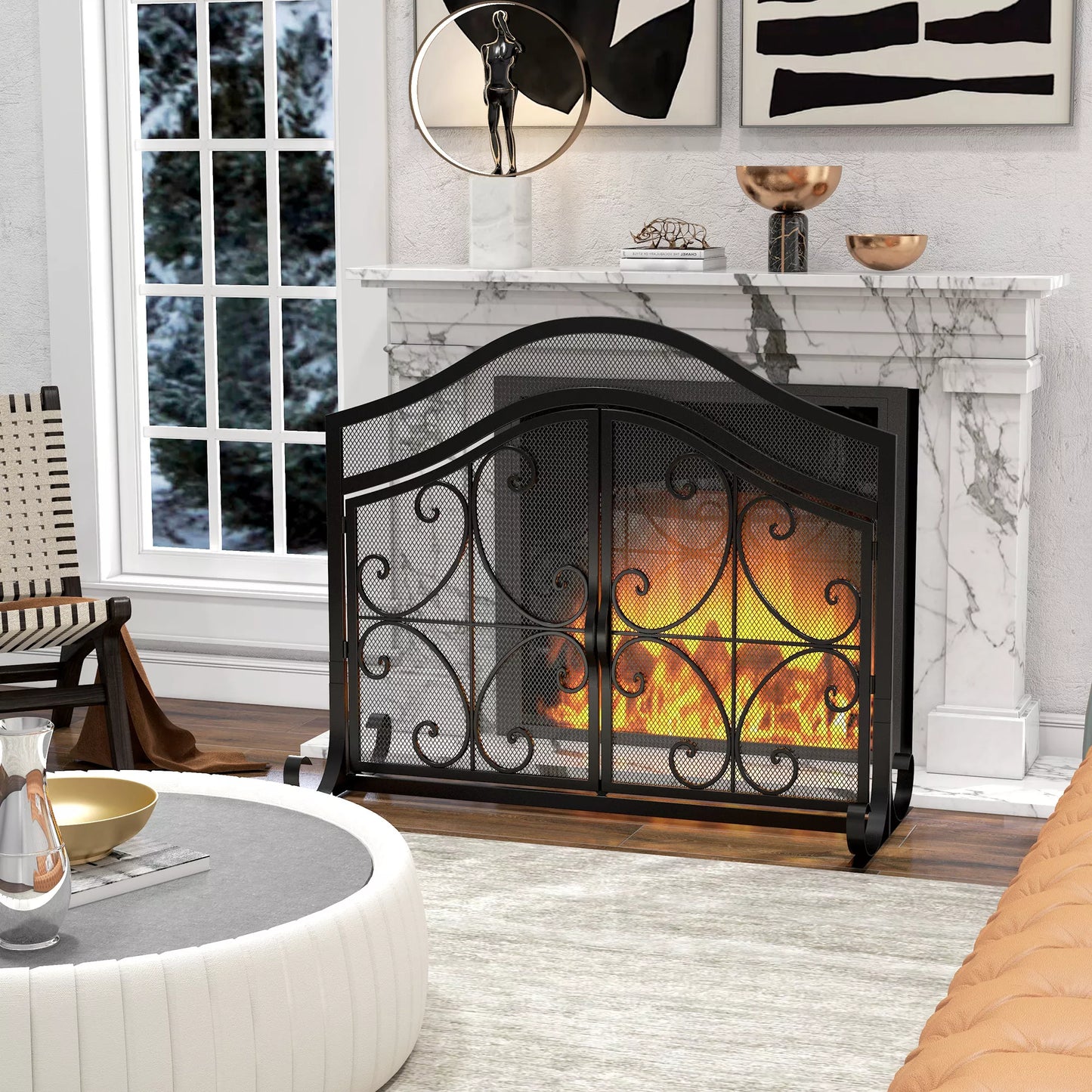 Apsauga nuo kibirkščių židiniams, elegantiškas raštas, dvivėrė, su magnetinėmis durimis, juoda, 105 x 40 x 80,5 cm