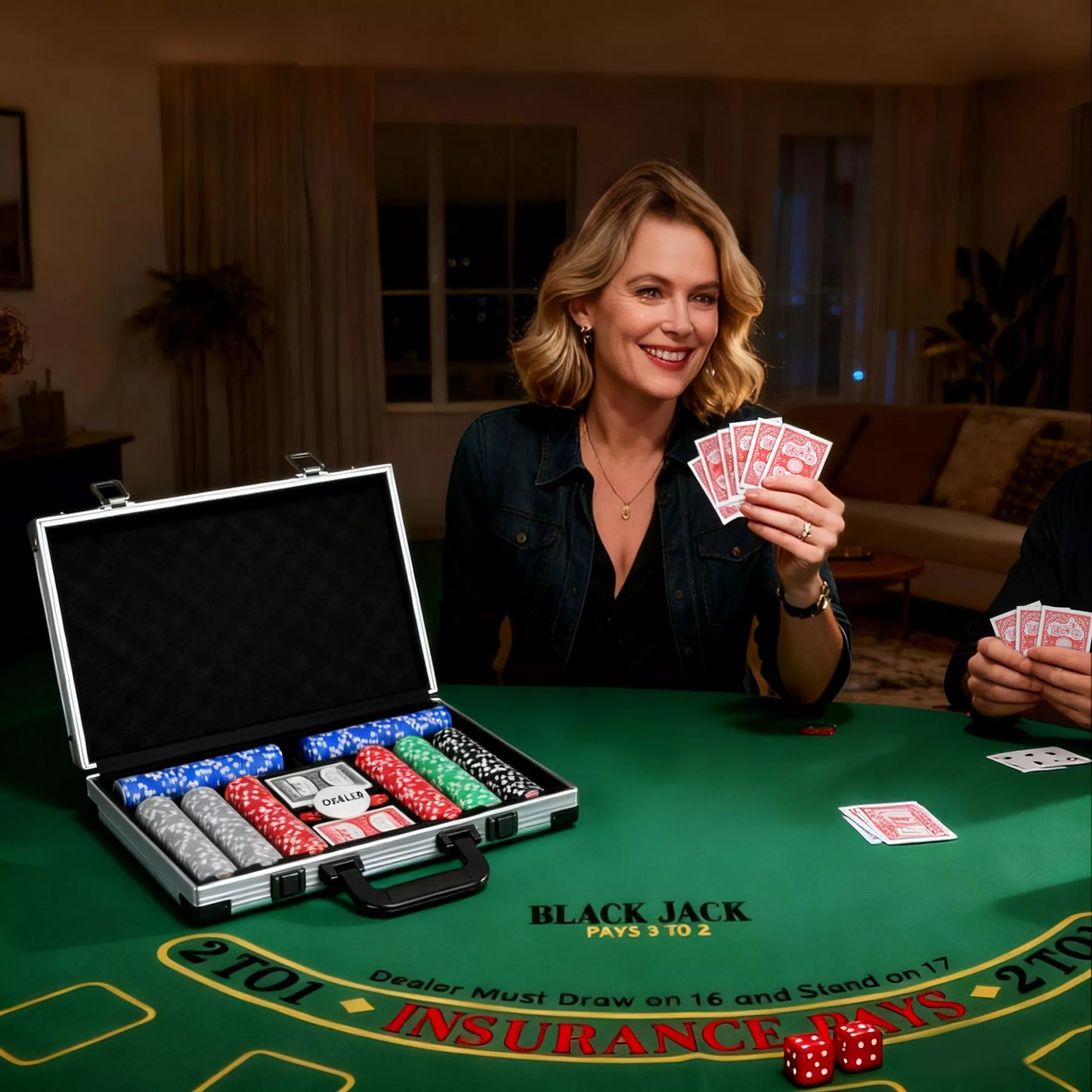 Pokerio rinkinys, Pokerio lagaminas, 400 žetonų, 2 kortų kaladės, 5 kauliukai, Dalintojo žetonas, Kilimėlis