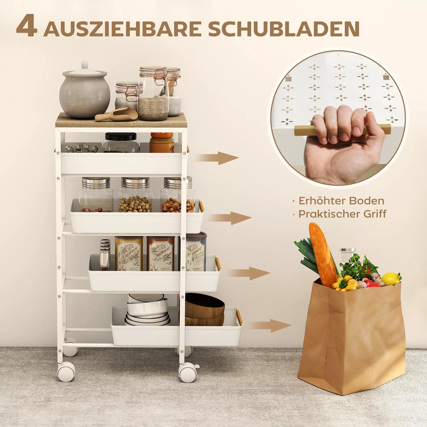 5 pakopų virtuvės vežimėlis, medžio imitacija, su ratukais, metalinis rėmas, 4 stalčiai, baltas