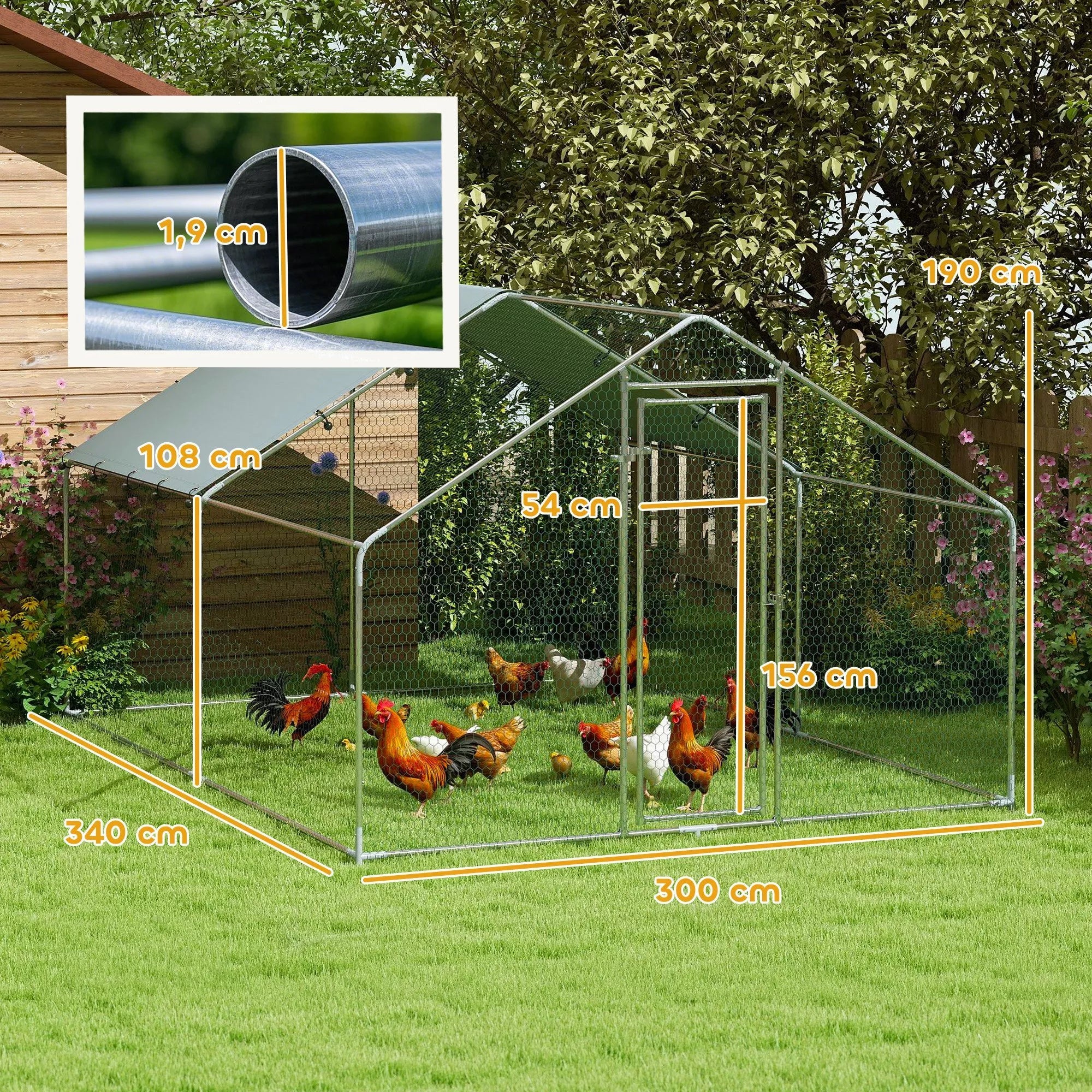 Vištidė, didelė metalinė vištidė su vandeniui ir UV spinduliams atspariu dangčiu, narvas 10–15 vištoms, 3 x 3,4 x 1,9 m