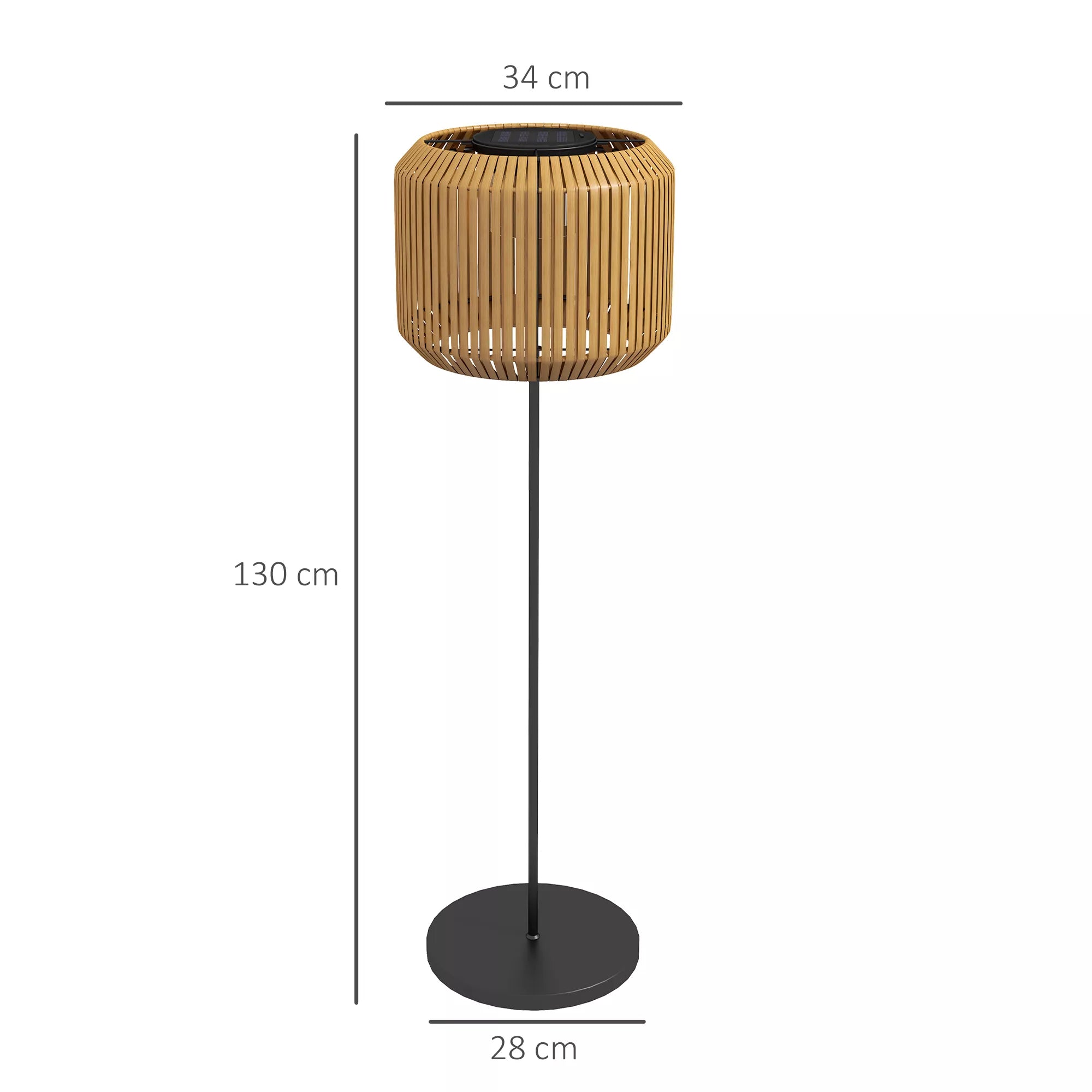 Rotango lauko šviestuvas, saulės energija maitinama sodo lempa, automatinis įjungimas, LED, atspari atmosferos poveikiui, metalinis rėmas, Ø34 x 130 cm, juoda/geltona