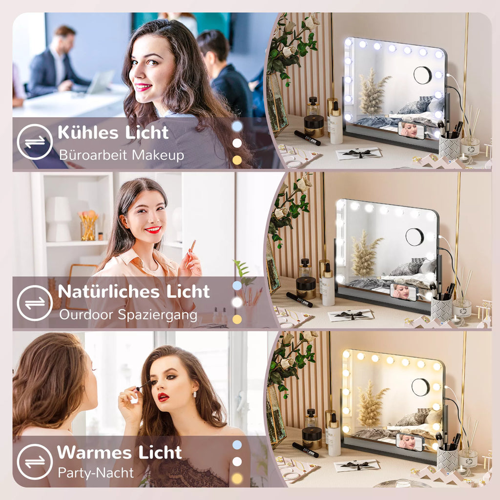 LED kosmetinis veidrodis, 3 apšvietimo režimai, reguliuojamas apšvietimas, jutiklinis valdymas, USB, 62,5 x 49,5 cm, juodas