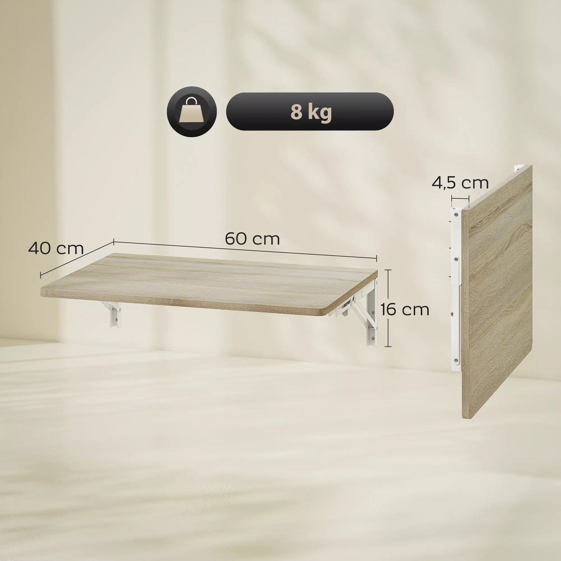 Sieninis sulankstomas stalas, 60x40 cm Sulankstomas stalas, vietą taupantis plaukiojantis stalas su užapvalintais kampais, skirtas namų biurui, svetainei, miegamajam, virtuvei, ąžuolas