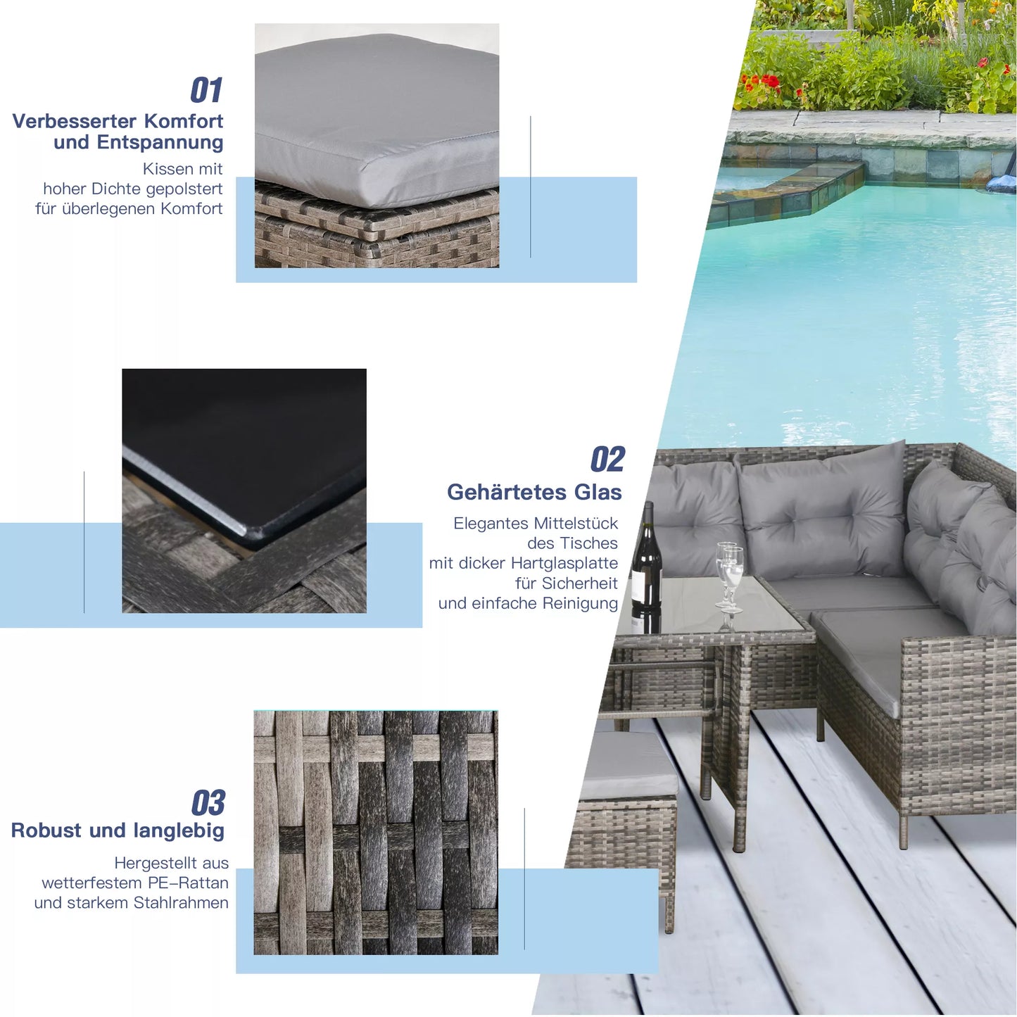 PE rotango sodo baldų komplektas, skirtas 5 žmonėms, rotango lauko poilsio komplektas, su nuimamomis pagalvėlėmis, Pilka + Ruda