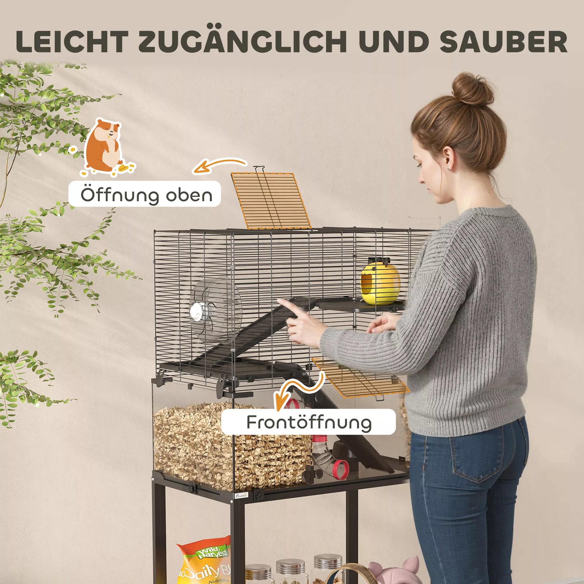 Hamsterio narvelis, 3 aukštų narvelis smulkiesiems gyvūnams, bėgimo ratas, namelis, platformos, rampos, pašaro dubuo, vandens butelis, priedai, plienas, plastikas, juoda spalva