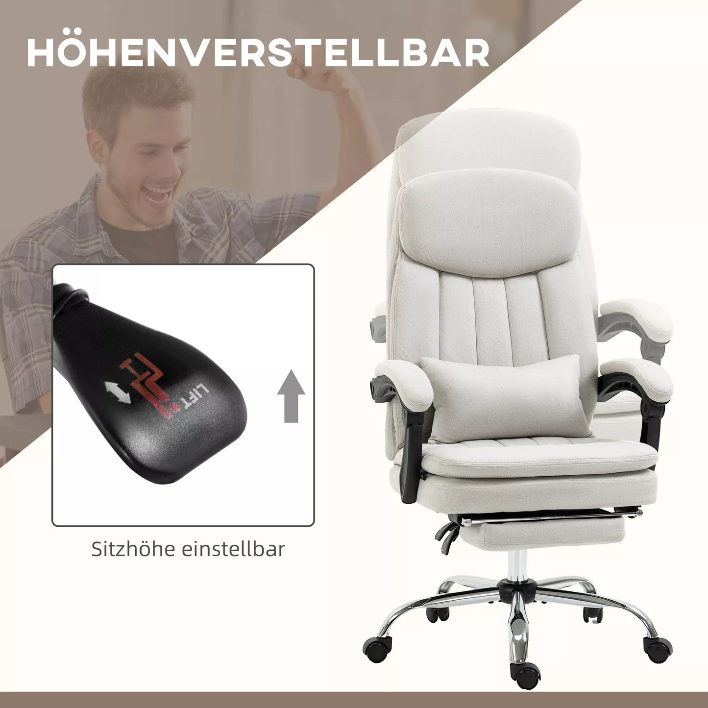 Ergonomiška biuro kėdė su masažo ir šildymo funkcija, 66x67x110-118cm, kreminės baltos spalvos