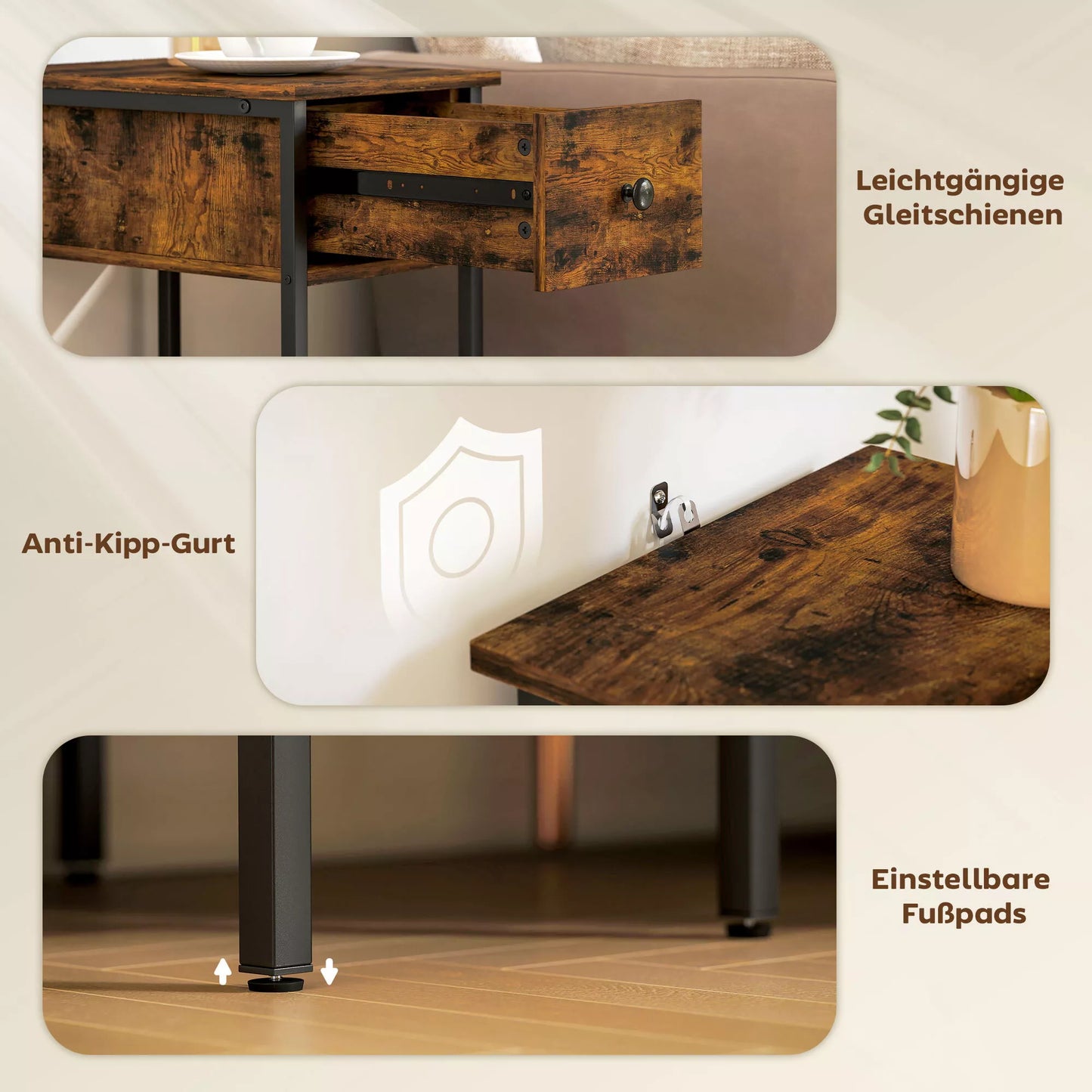 Pagalbinis staliukas su atviru skyriumi ir stalčiumi, naktinis staliukas, metalinės kojelės, medžio, rudas