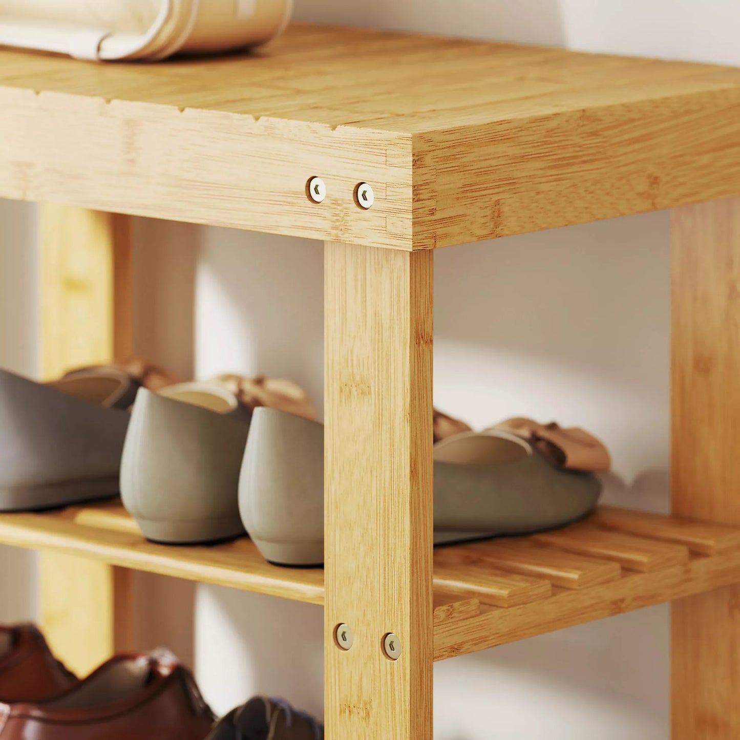 Bambuko batų stovas, batų lentynos su 2 lentynomis, sėdimoji dalis, skirtas koridoriui, prieškambariui, 50x28x45 cm, natūralus