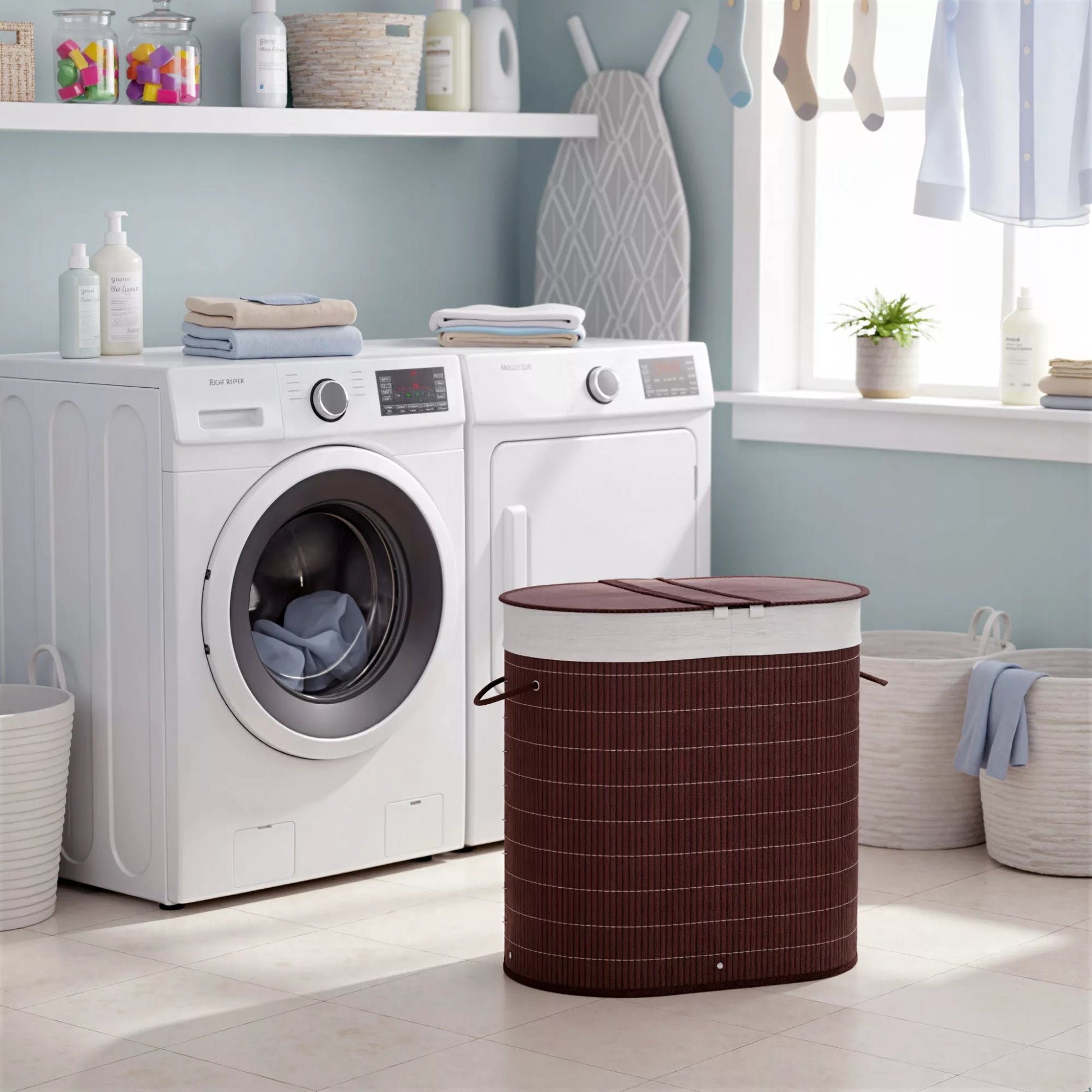 Skalbinių krepšys, 100L talpa, nuimamas dangtis, 38 cm x 38 cm x 57 cm, ruda