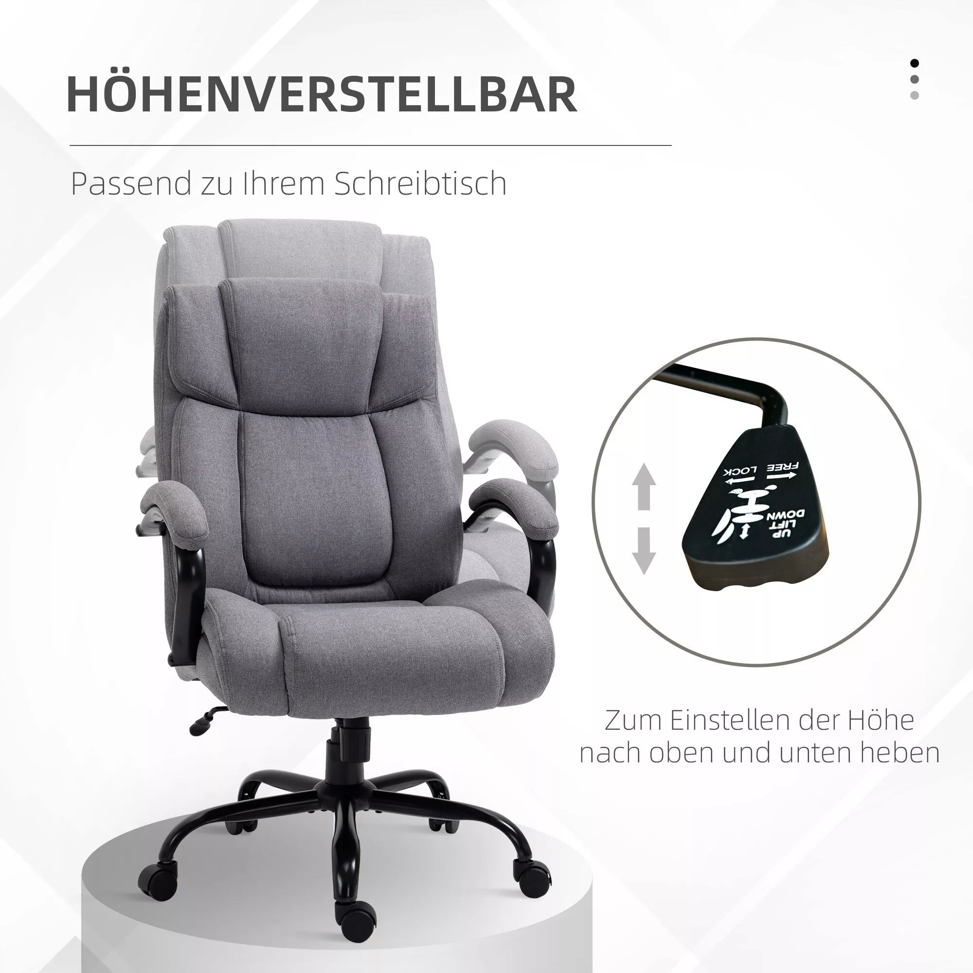 Biuro kėdė, ergonomiška vadovo kėdė, atlaikanti iki 220 kg svorį, paminkštinta darbo kėdė su porankiais, plačia sėdimoji dalis, aukščio reguliuojama sukiojama kėdė su svyravimo funkcija, lino imitacija, šviesiai pilka