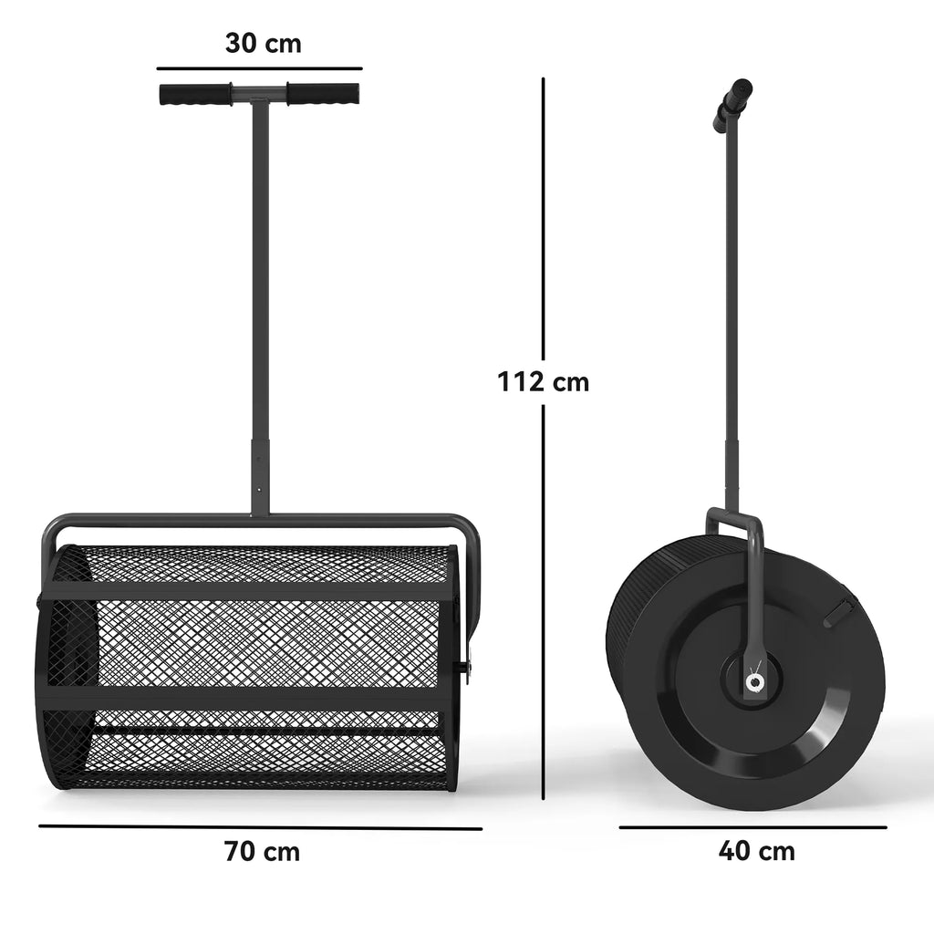 Kompostų barstytuvas 75L 61x40cm Trąšų barstytuvas Vejos sodas su T-rankena Tinklinis krepšys Metalas Juodas