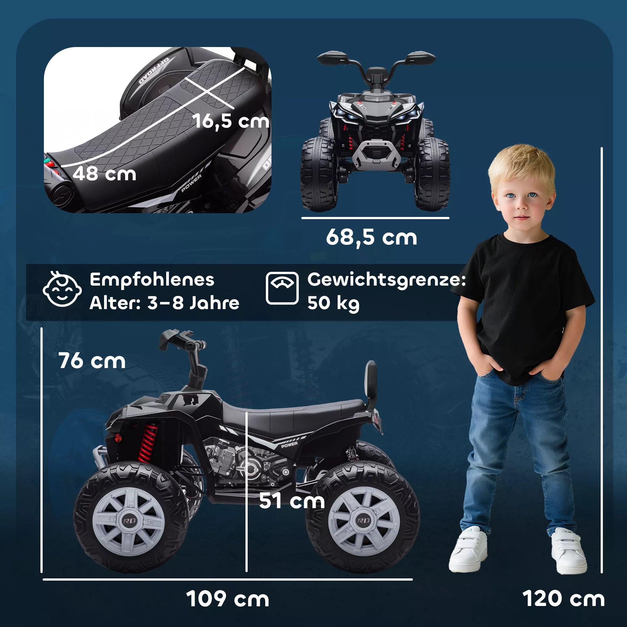 Elektrinis keturratis vaikams, dvivietis, iki 50 kg, 3–8 metai, juodas 24V 6,5 km/h