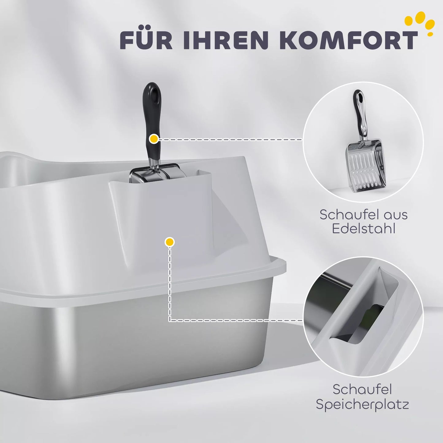 Katės tualetas iš nerūdijančio plieno Atviras katės tualetas su aukštu kraštu ir kastuvu, skirtas didelėms katėms iki 12 kg 69,8 x 50,3 x 29,8 cm Pilkos spalvos
