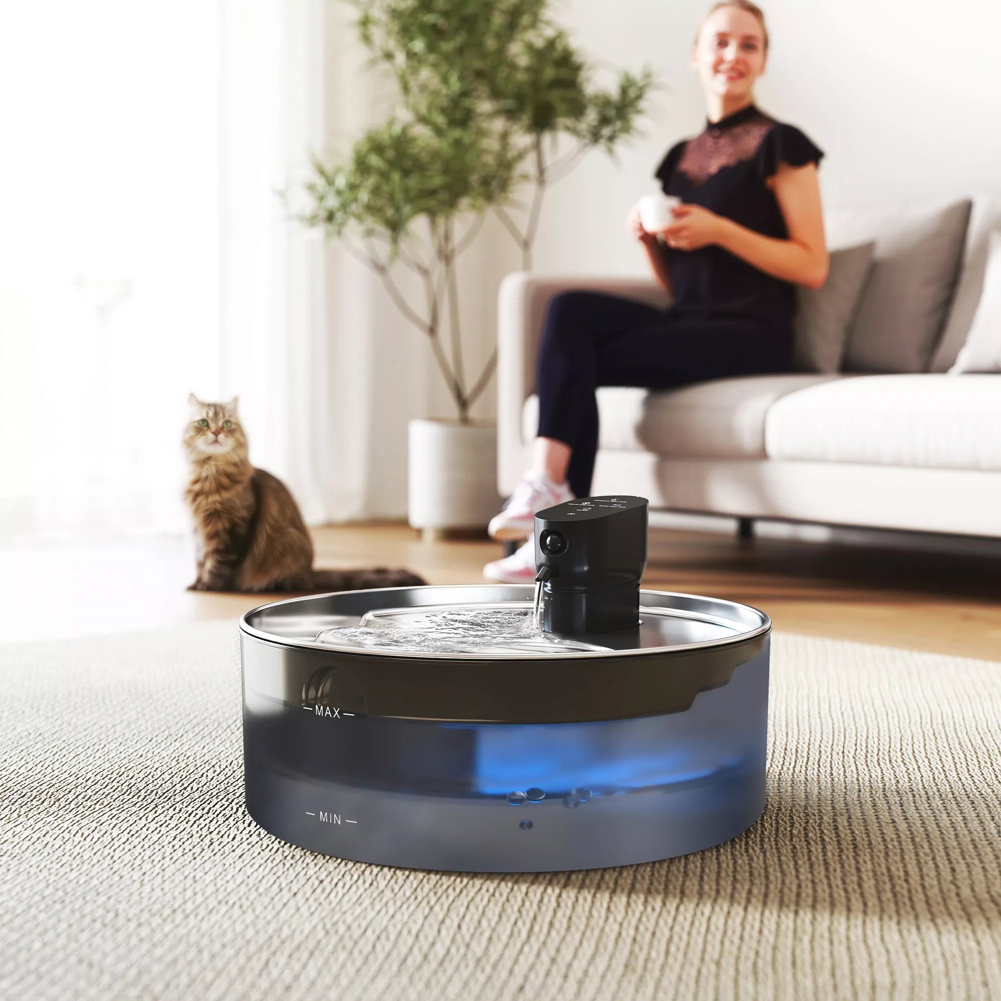 Katės girdykla fontanėlis 7L su LED apšvietimu ir filtru, nerūdijančio plieno, juodas